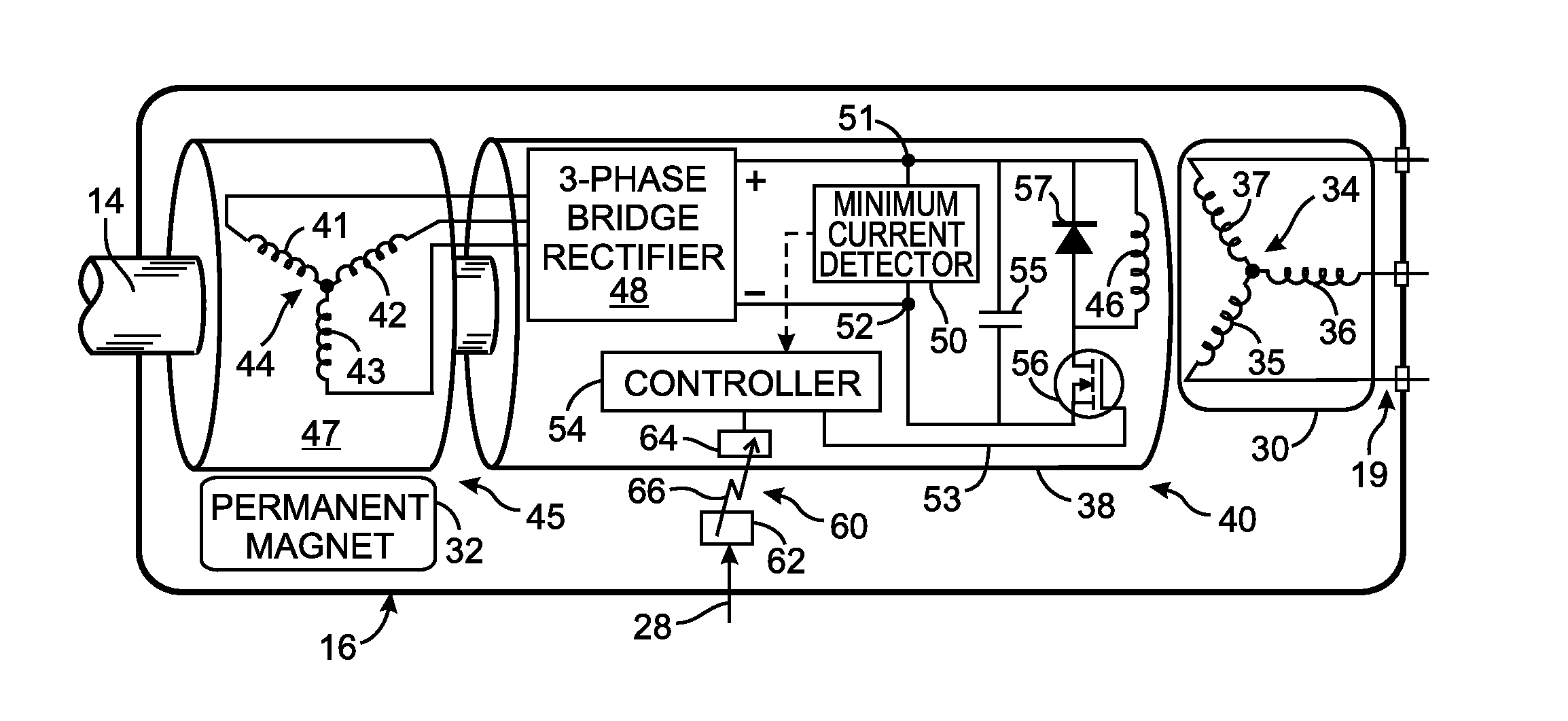 Resonant commutation system for exciting a three-phase alternator