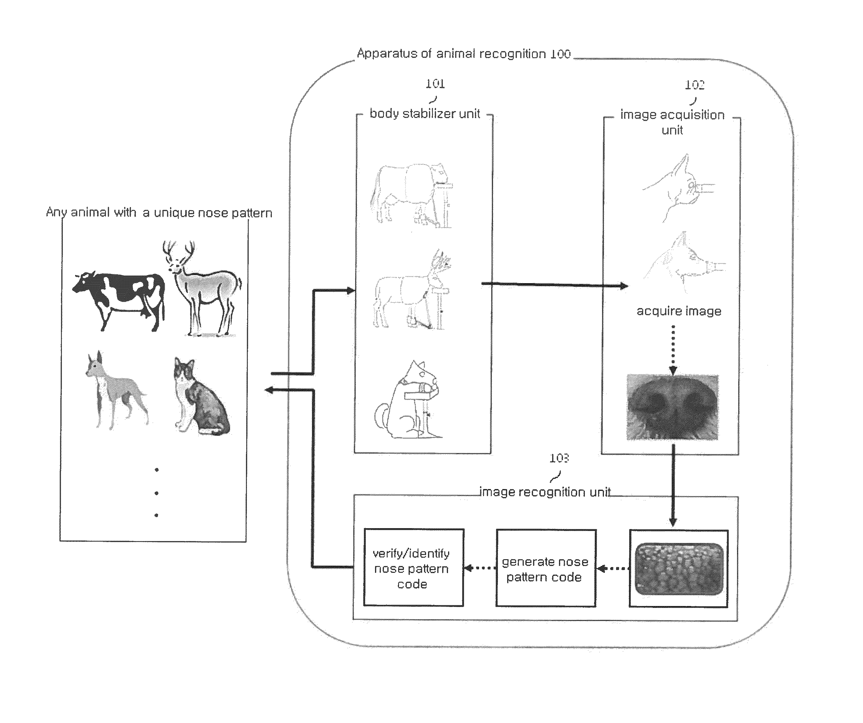 Device and method for recognizing animal's identity by using animal nose prints