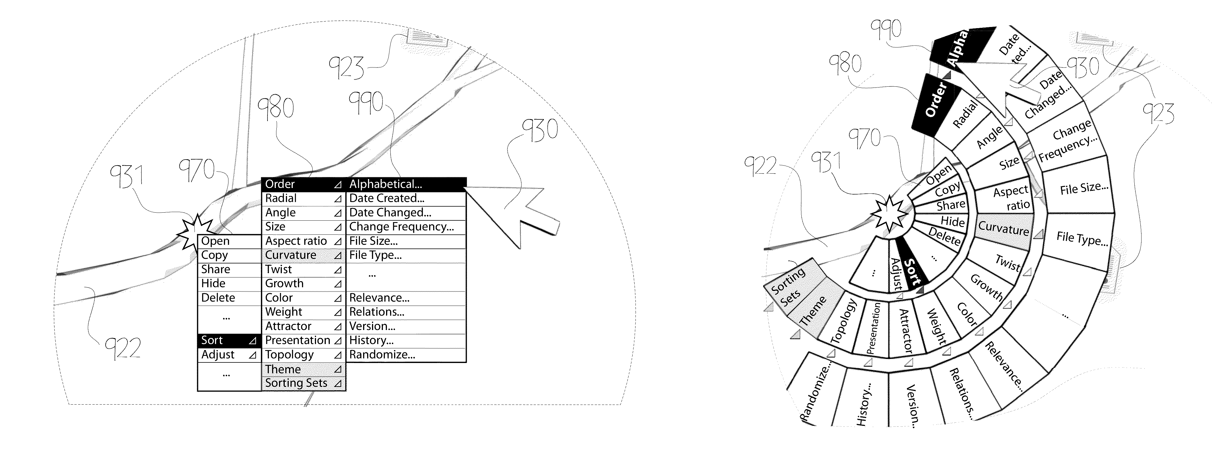 Device and user interface for visualizing, navigating, and manipulating hierarchically structured information on host electronic devices