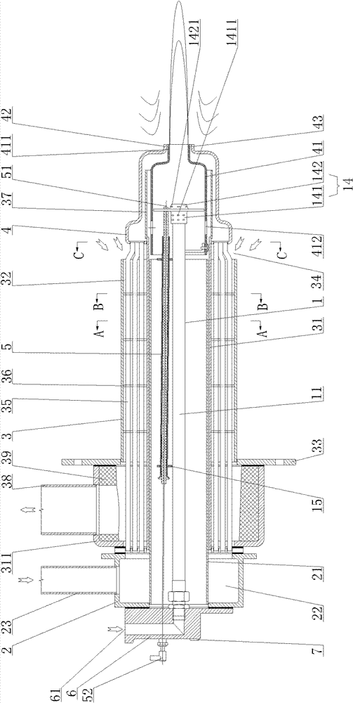 Transverse baffle and flat pipe type self-preheating burner