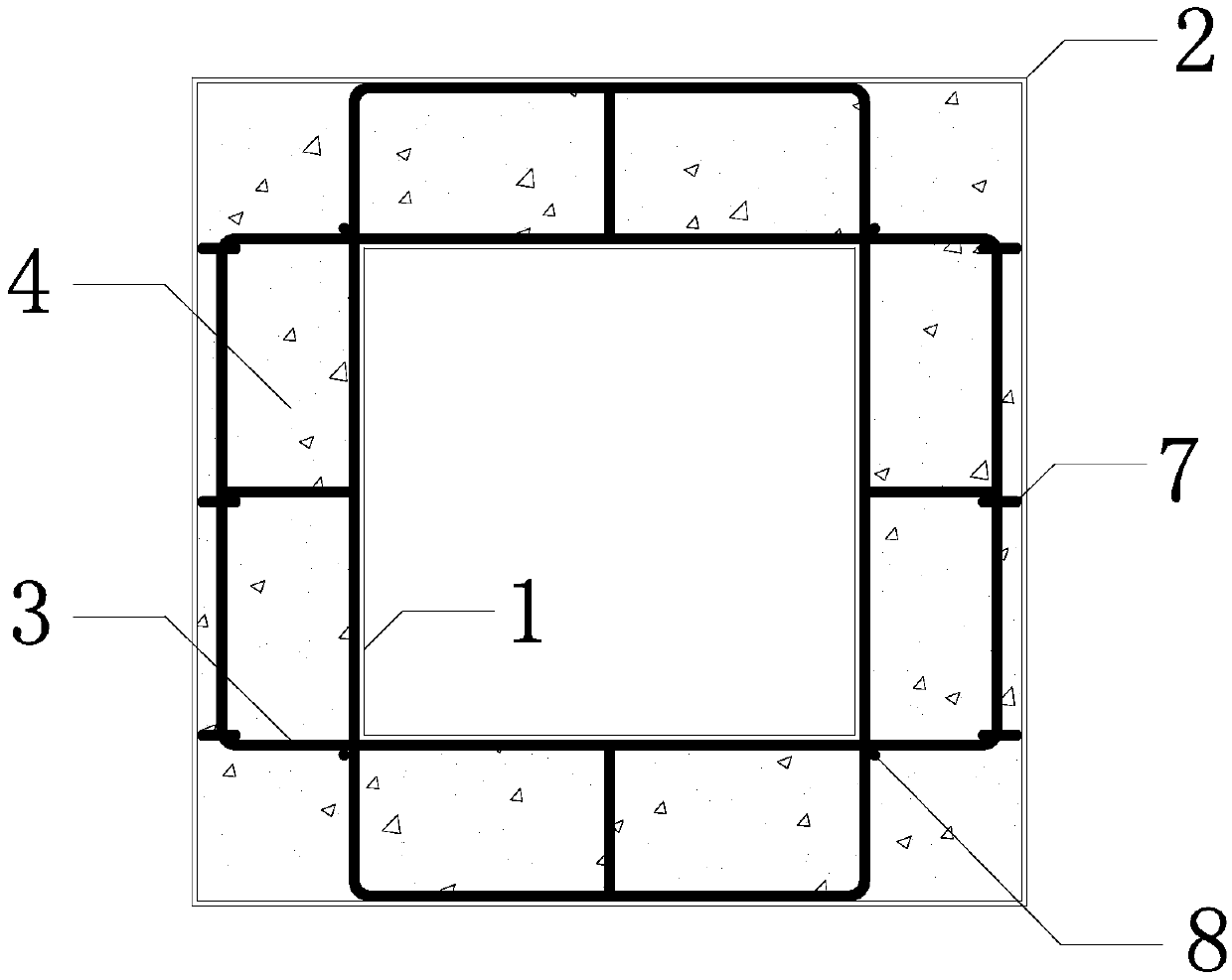 Hollow interlayer concrete filled steel tube pouring body with tensile rib, and construction method of the hollow interlayer concrete filled steel tube pouring body