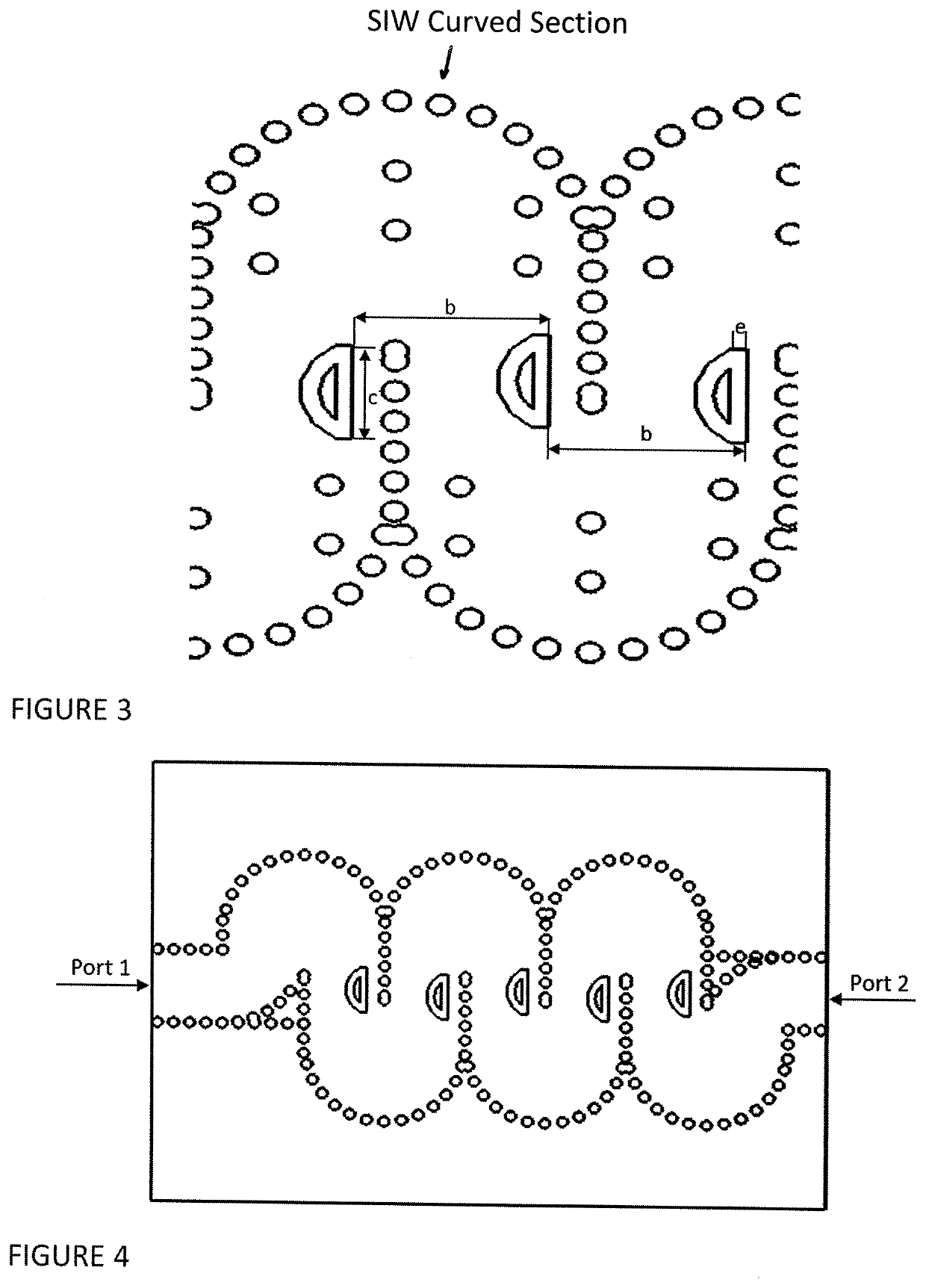 Surface integrated waveguide including radiating elements disposed between curved sections and phase shift elements defined by spaced apart vias