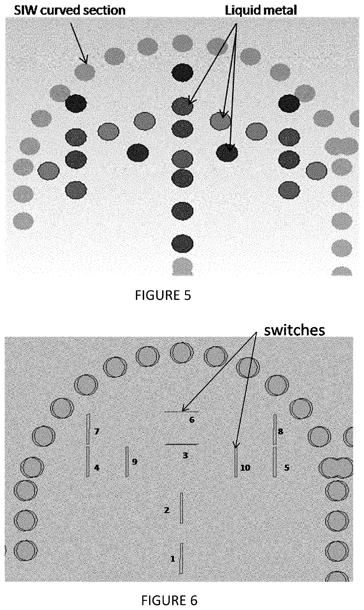 Surface integrated waveguide including radiating elements disposed between curved sections and phase shift elements defined by spaced apart vias