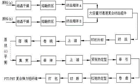 Production method for PTT (Poly Trimethylene terephthalate)/PET (Poly Ethylene Terephthalate) side-by-side composite elastic short fibers