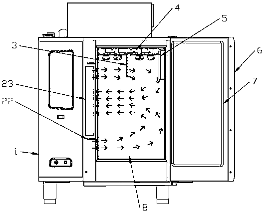 Microwave hot air circulation oven with hanging device with rotation and revolution functions