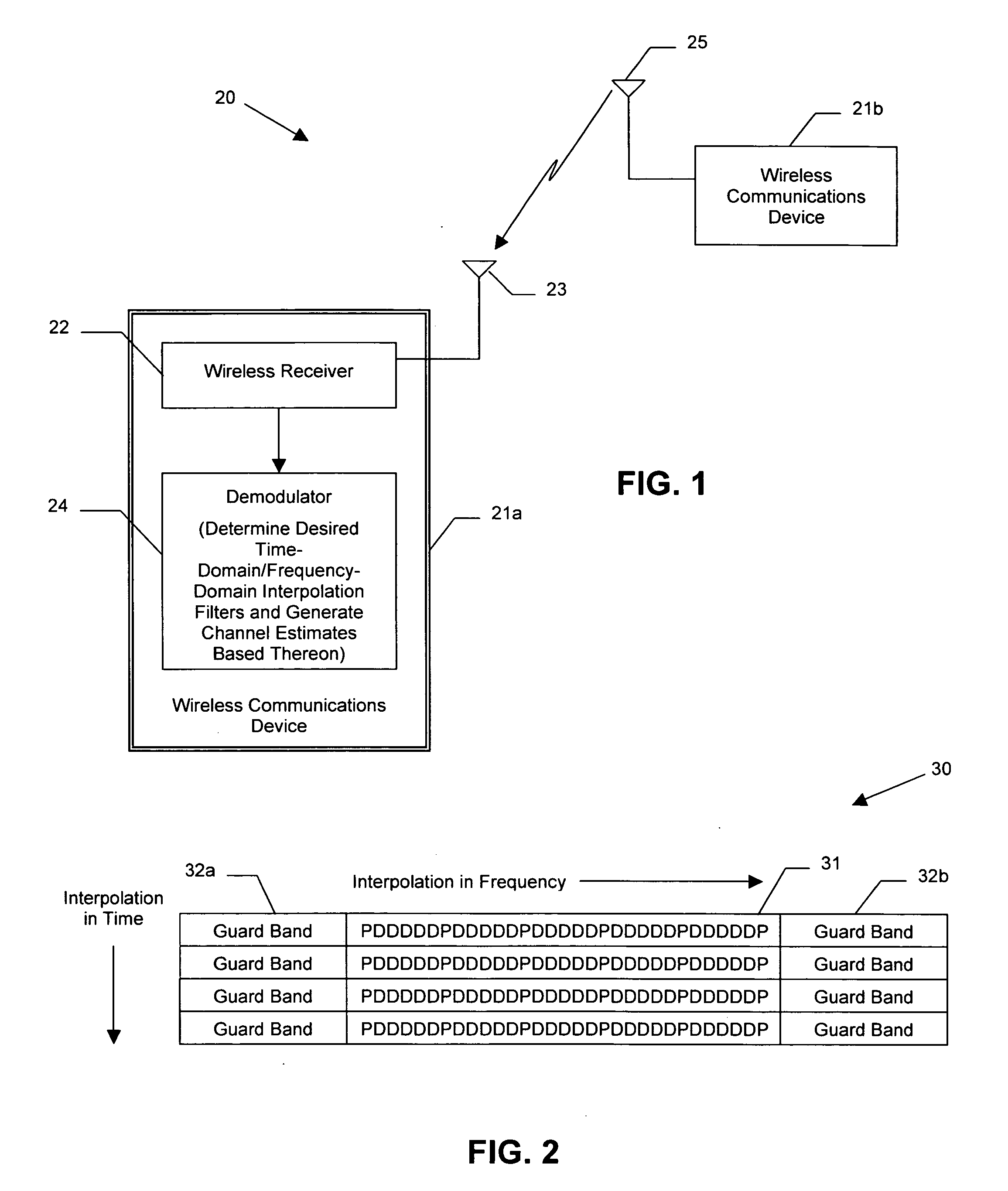 Wireless communications device providing time and frequency-domain channel estimates interpolation and related methods