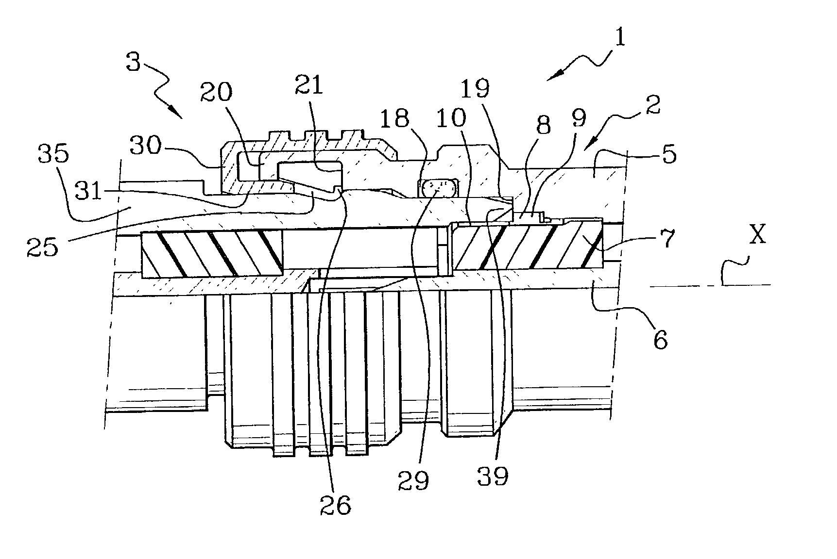 Coaxial connection with locking by snap-fastening