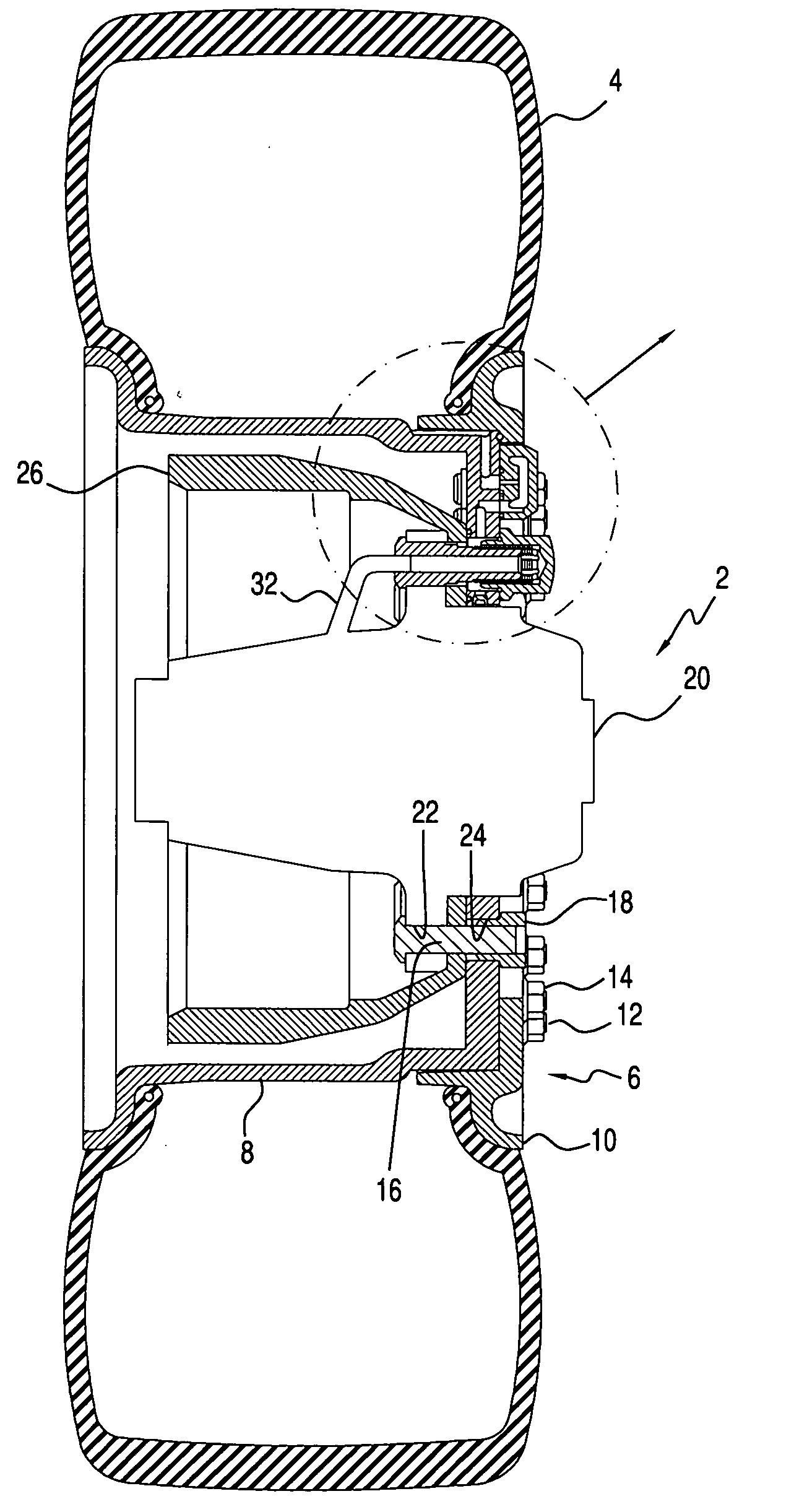 Vehicle wheel assembly with a hollow stud and internal passageways connected to a CTIS