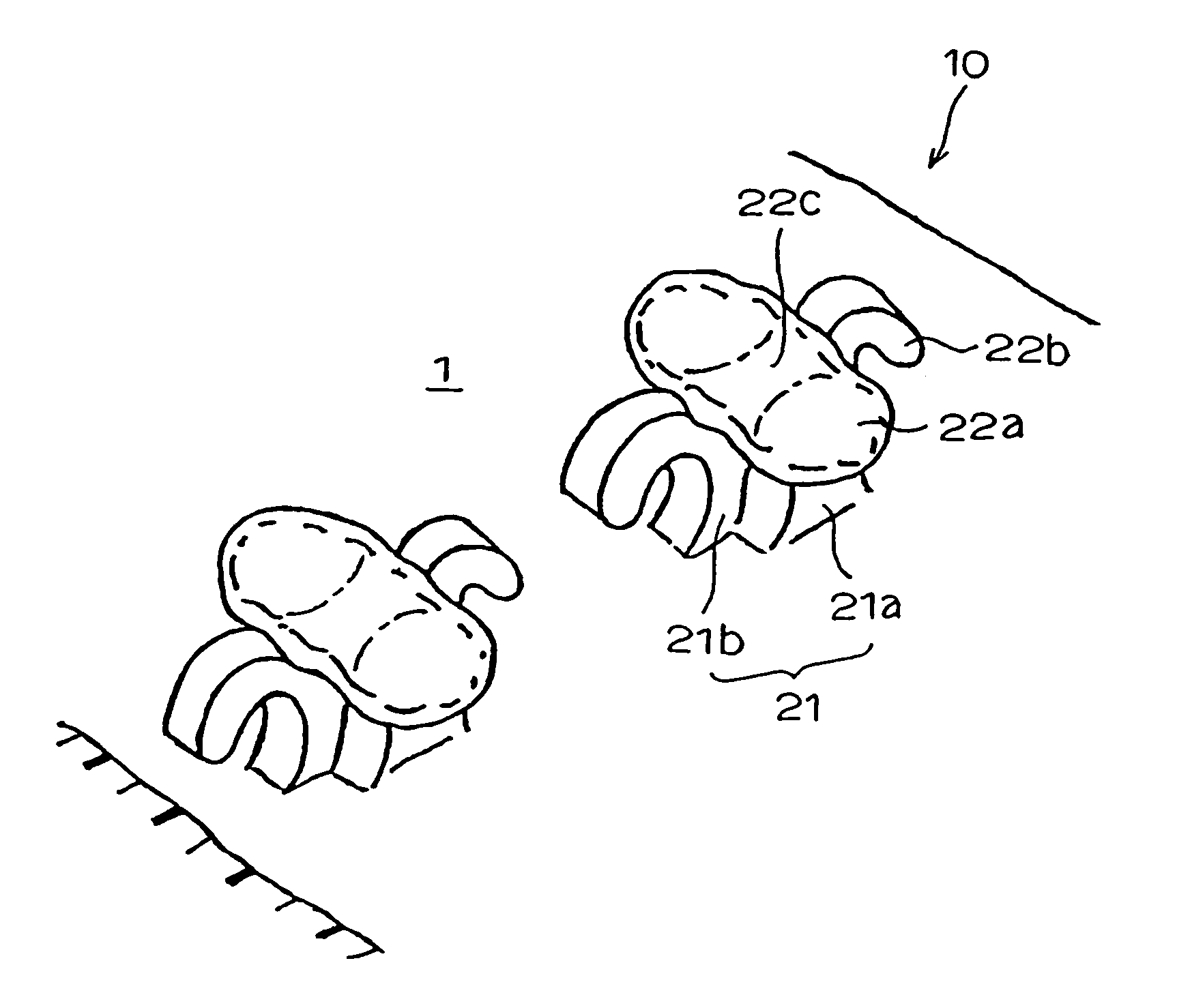 Integrally molded surface fastener, and continuous production method and continuous production device therefor