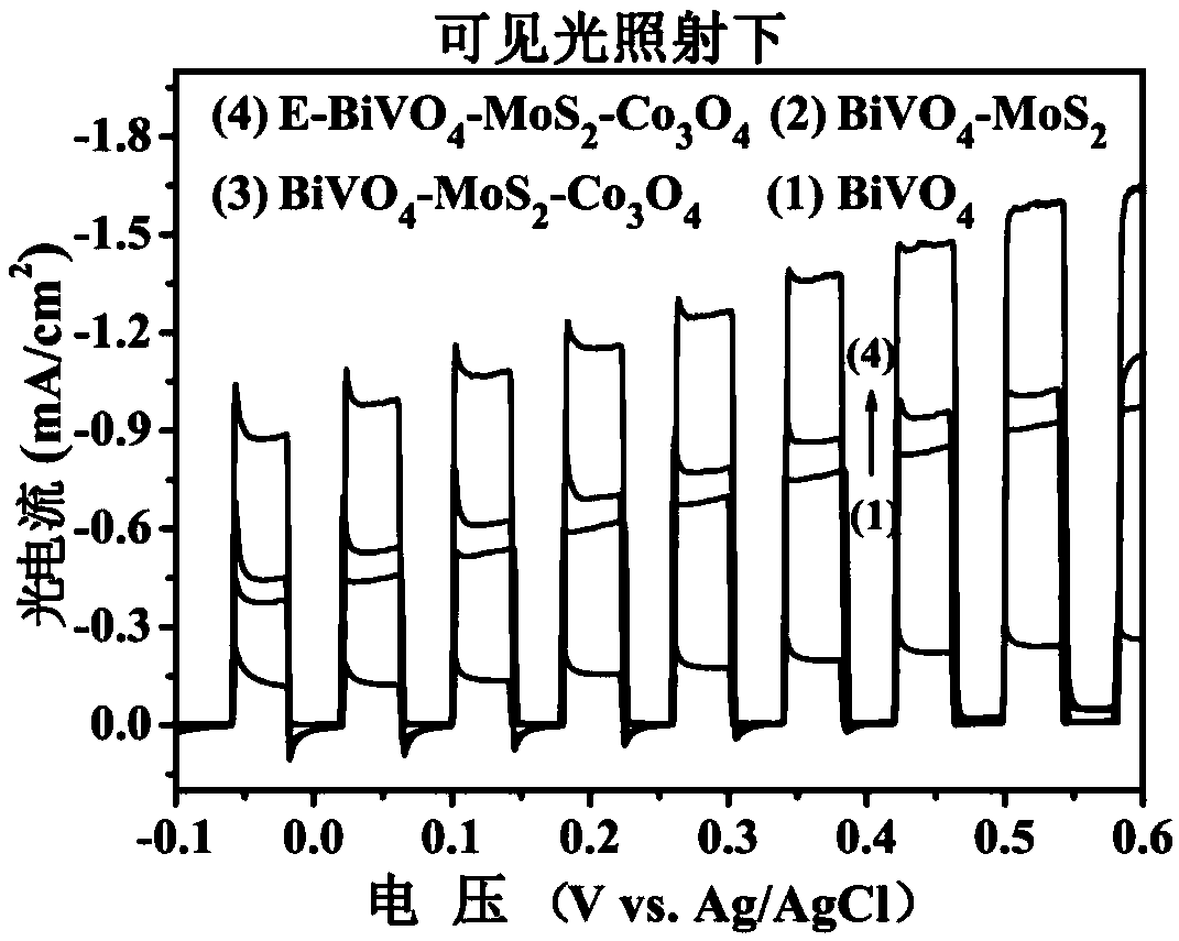 Electrochemically modified bismuth vanadate-molybdenum sulfide-cobaltosic oxide catalytic electrode, as well as preparation method and application thereof