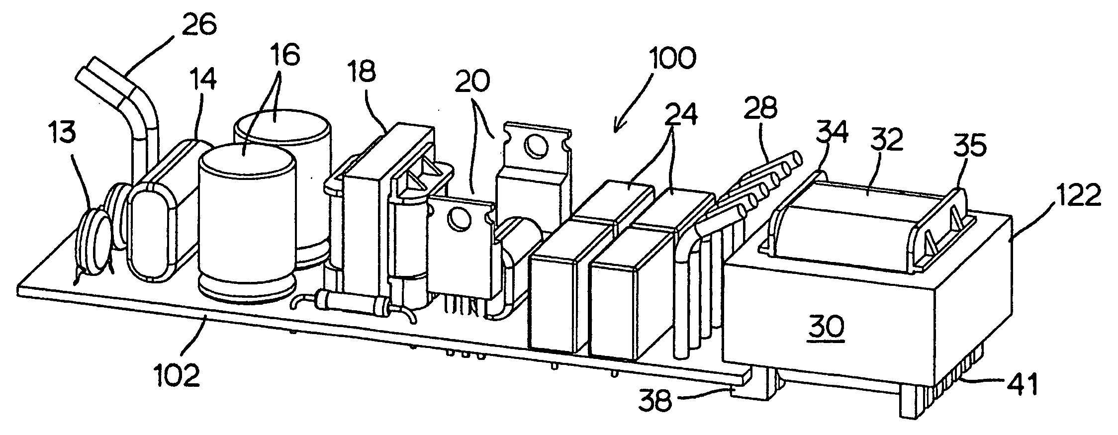 Electronic ballast with PCB edge mounted output transformer/inductor