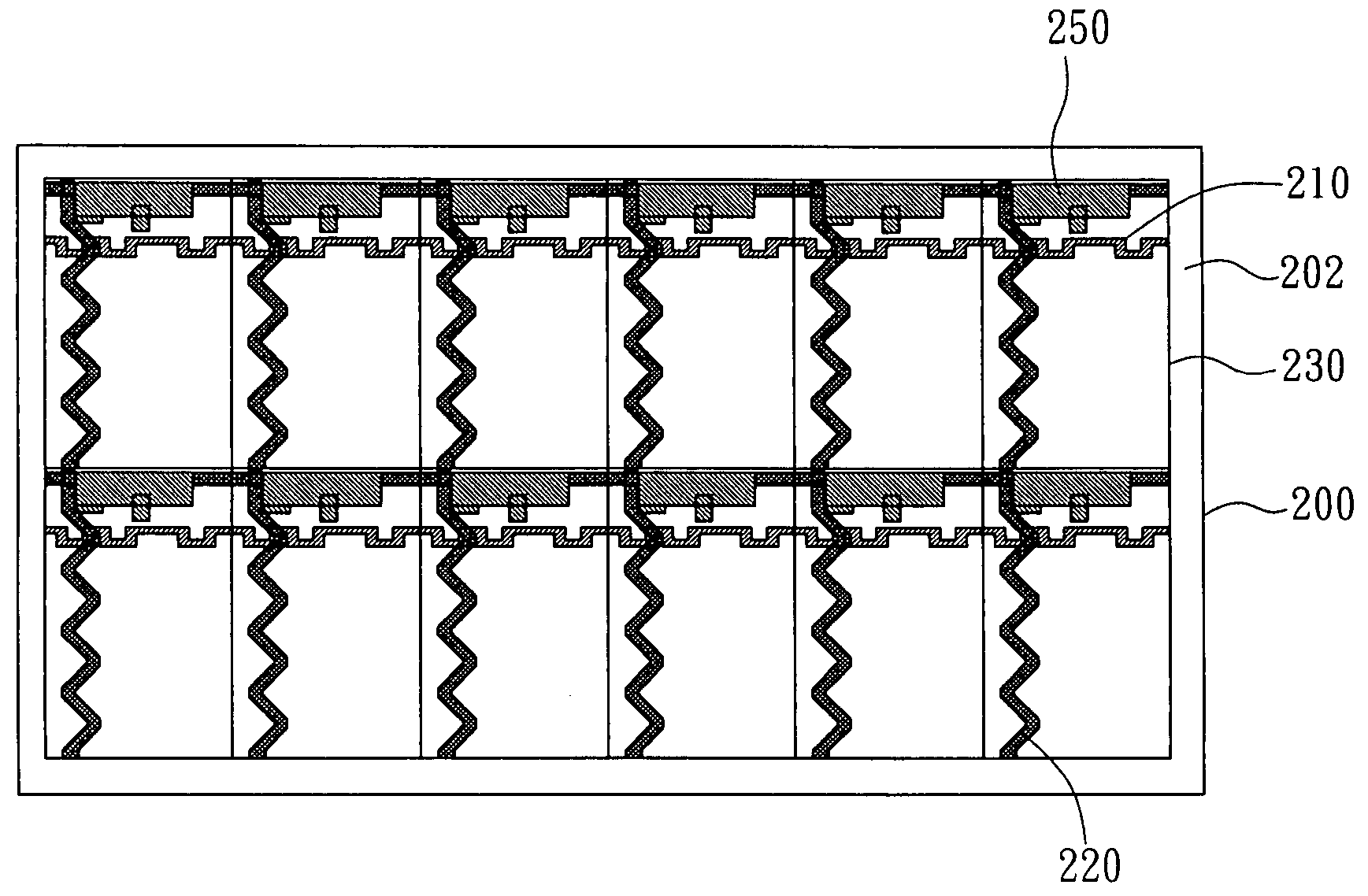 Pixel array with flexible circuit layout having respective scan and data line profiles with predetermined wave construction so as to evenly distribute any strain on the respective scan and data lines to withstand stress and be flexible