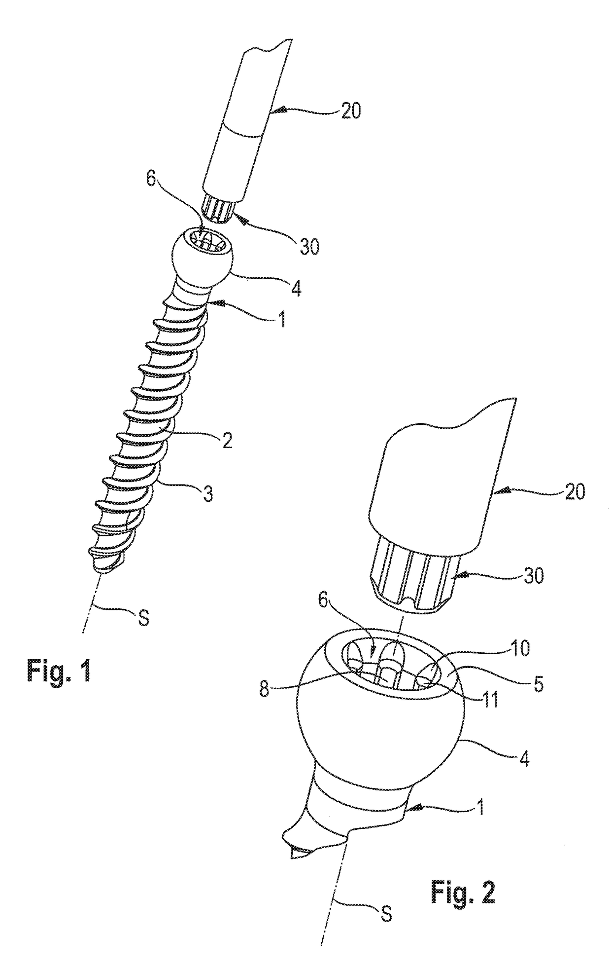 Screw element for use in spinal, orthopedic or trauma surgery and a system of such a screw element and a screw driver adapted thereto