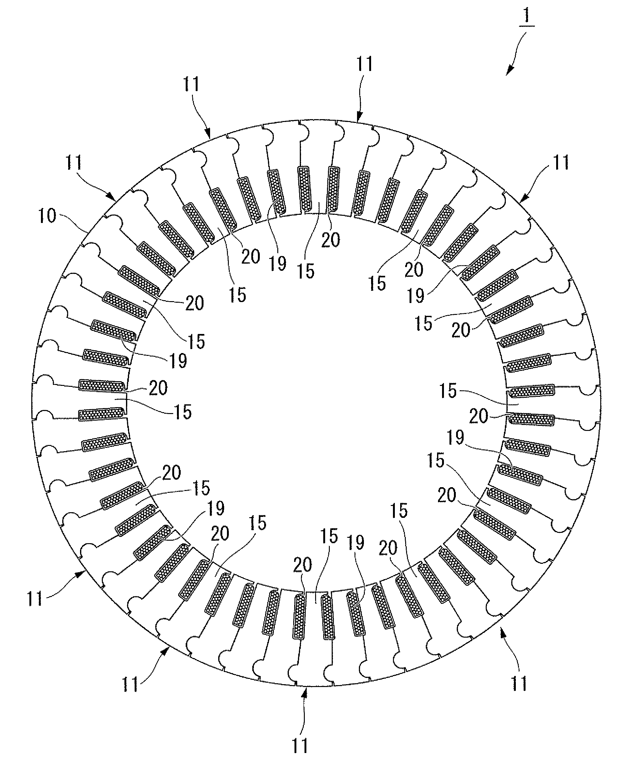 Motor with stator configuration for increased coil length and coil space factors