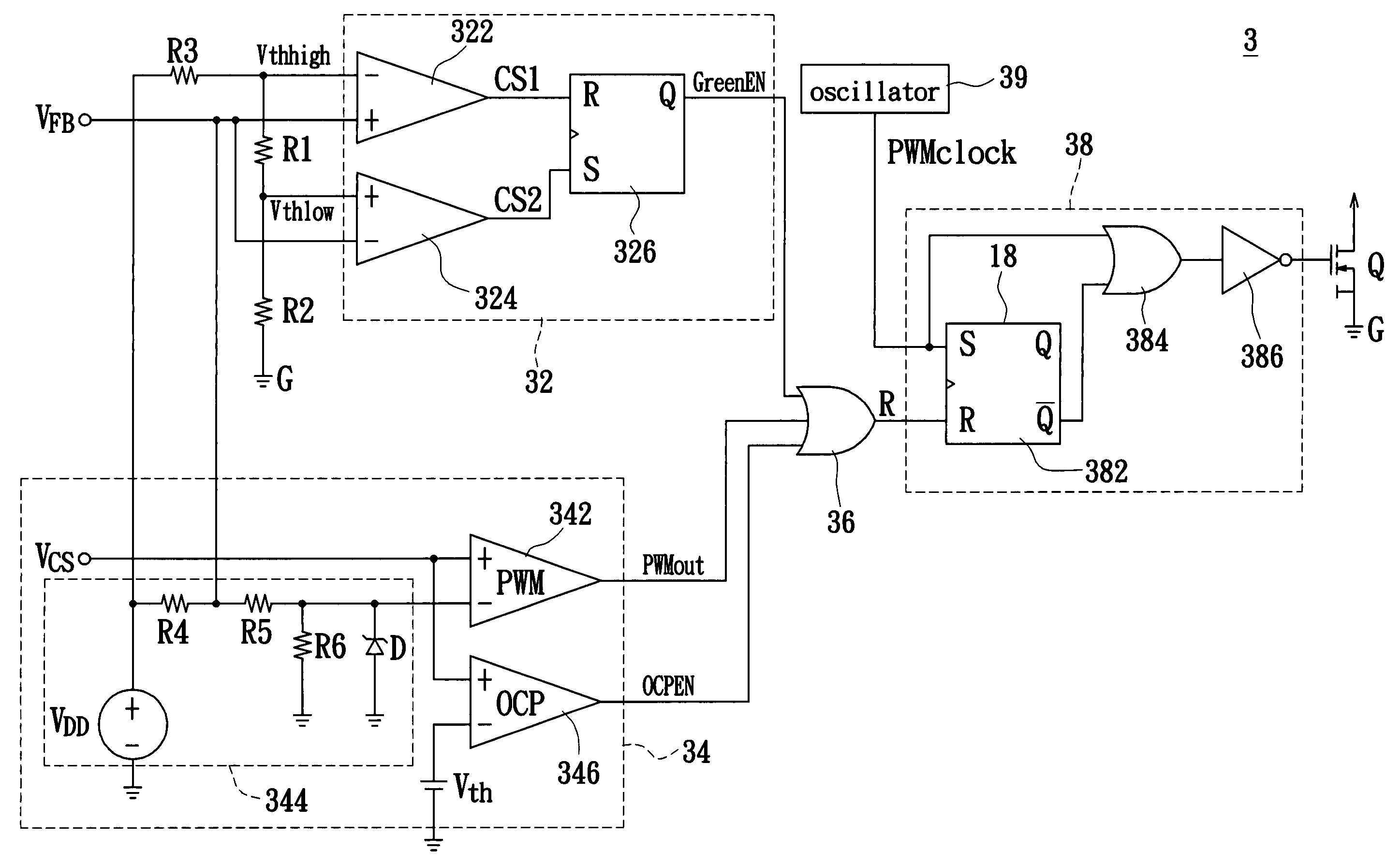 Pulse width modulation device with a power saving mode controlled by an output voltage feedback hysteresis circuit