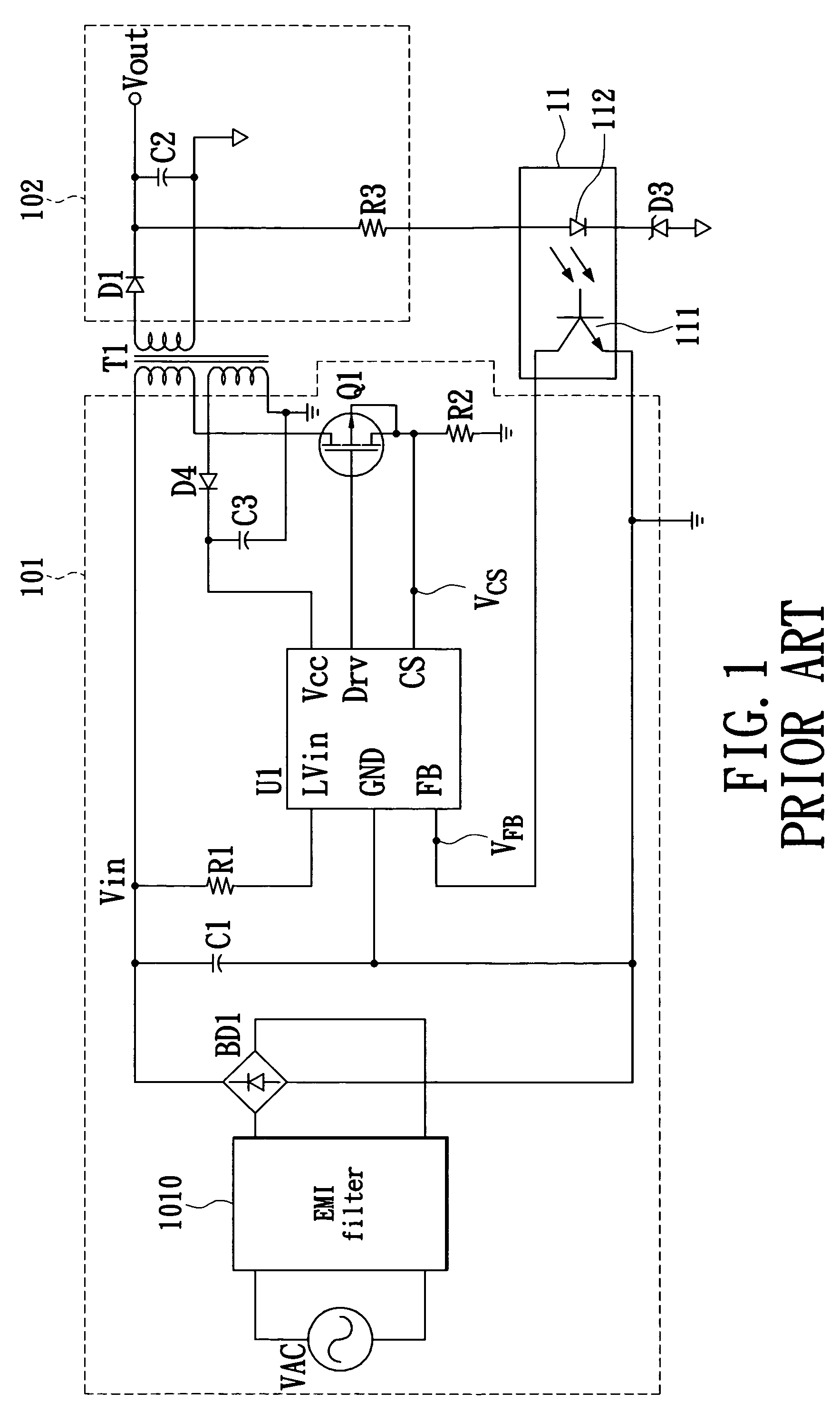 Pulse width modulation device with a power saving mode controlled by an output voltage feedback hysteresis circuit