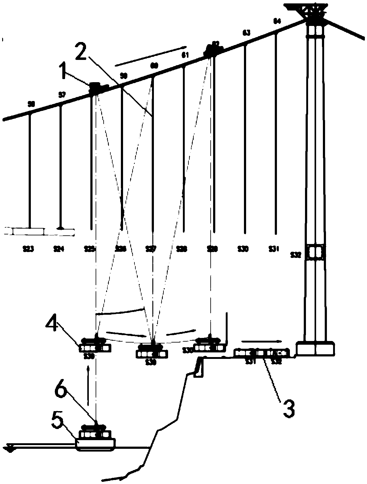 Installation device and method for swinging and moving long slings of girder sections on bank slopes of suspension bridges