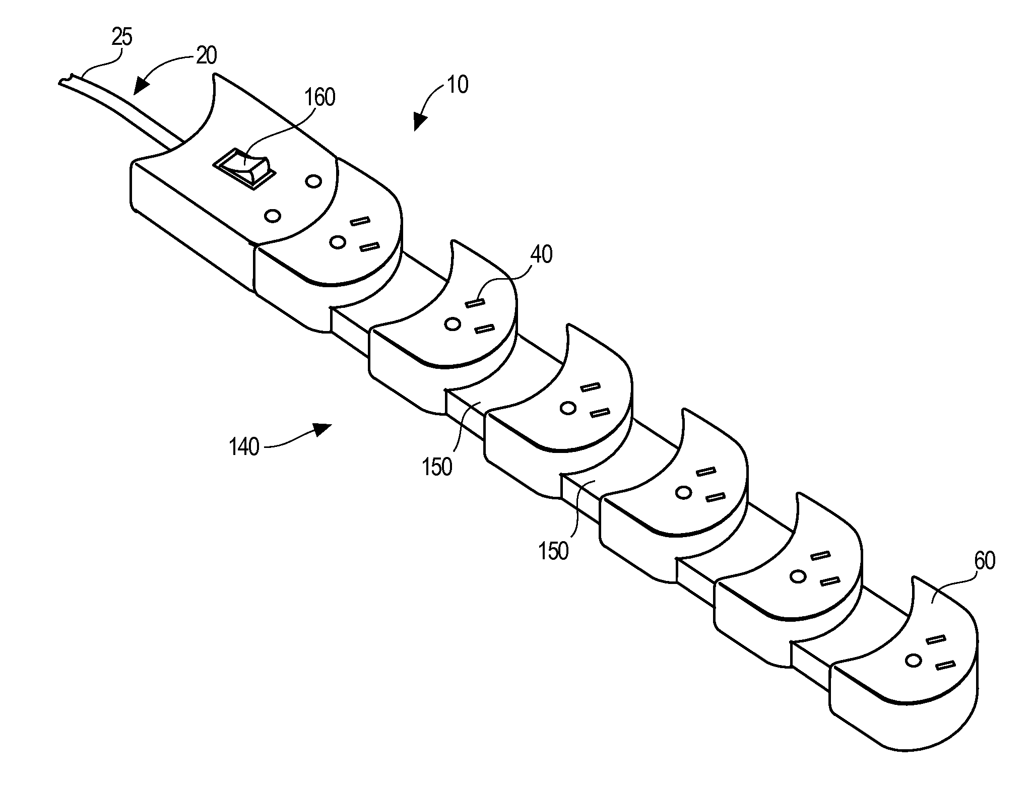 Expanding space saving power strip