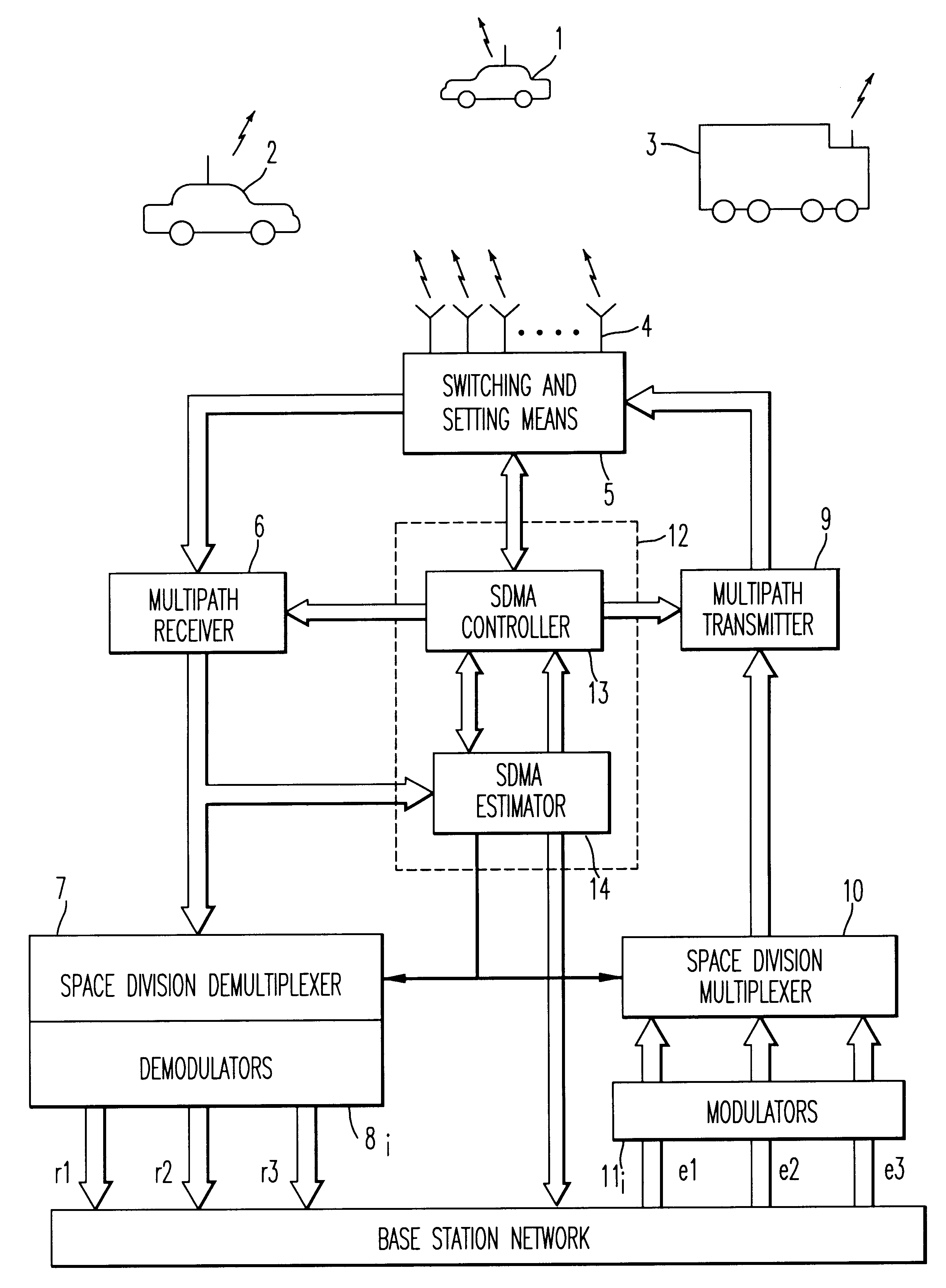 Method and device for space division multiplexing of radio signals transmitted in cellular radio communications