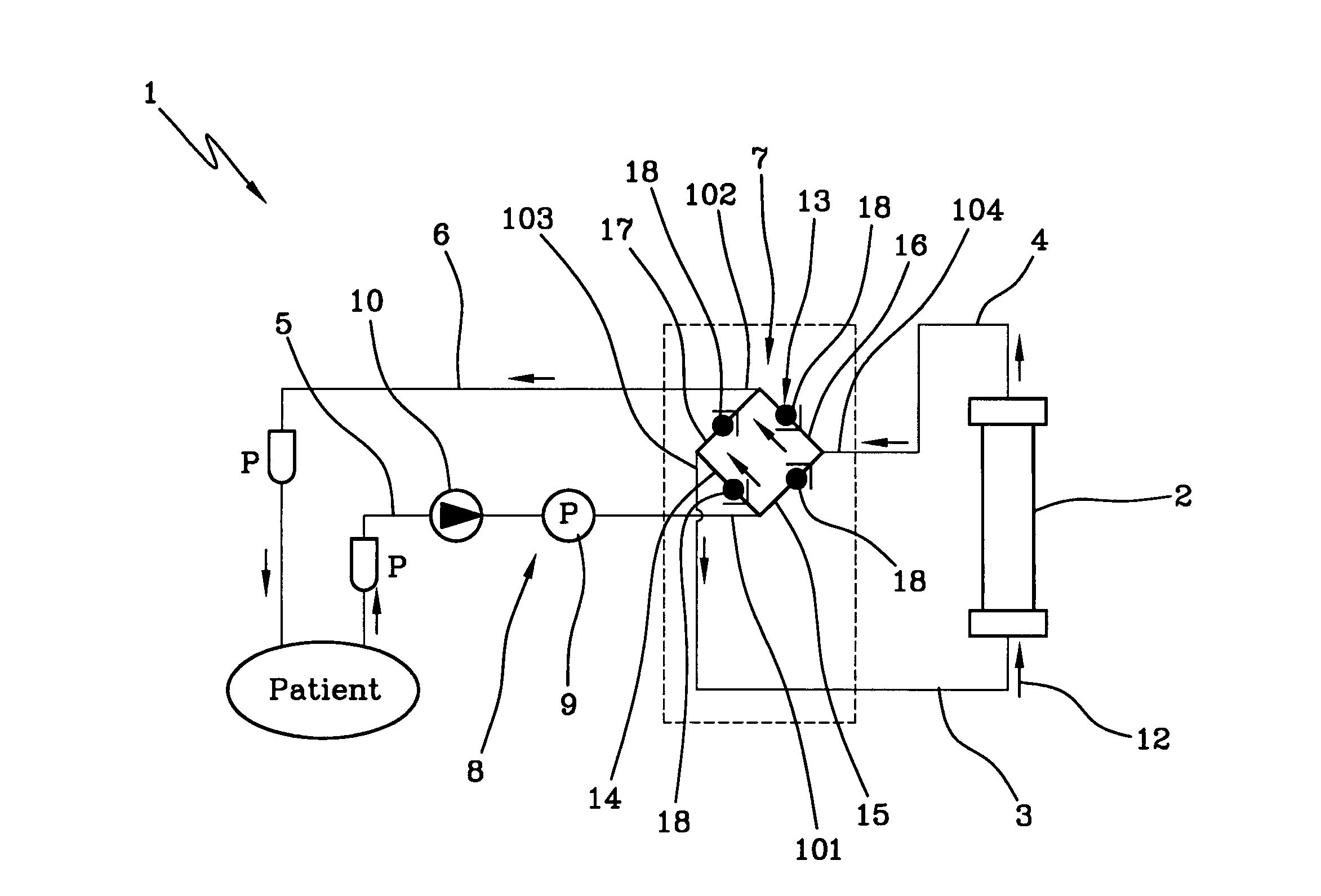 Circuit for extracorporeal blood treatment and flow-inverting device utilized therein