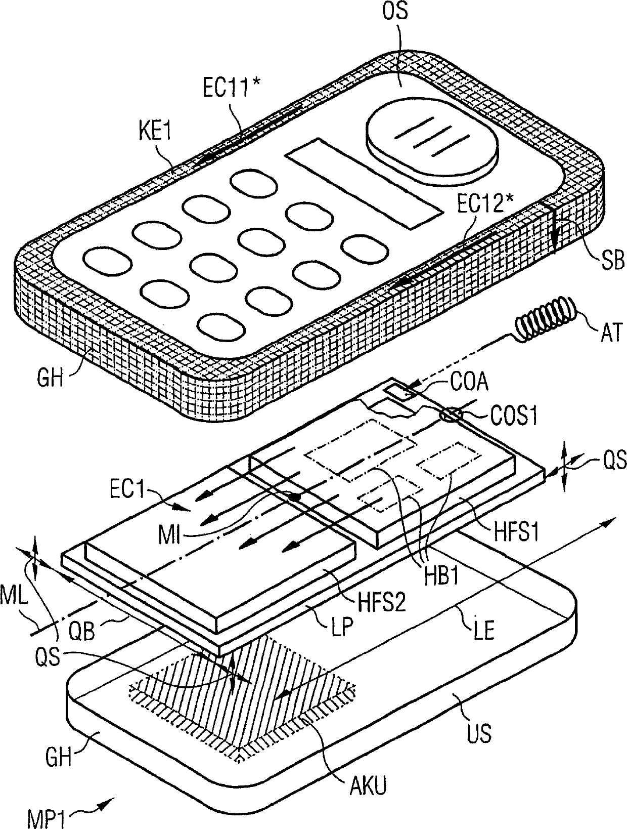 Ridio communications device comprising an SAR value-reducing correction element