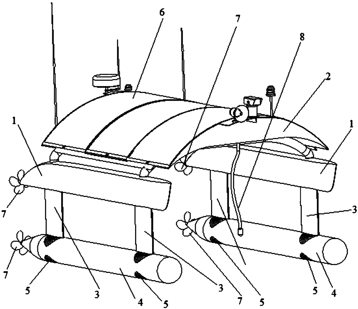 Unmanned catamaran having torpedo submerged bodies and driven by multiple renewable energy sources