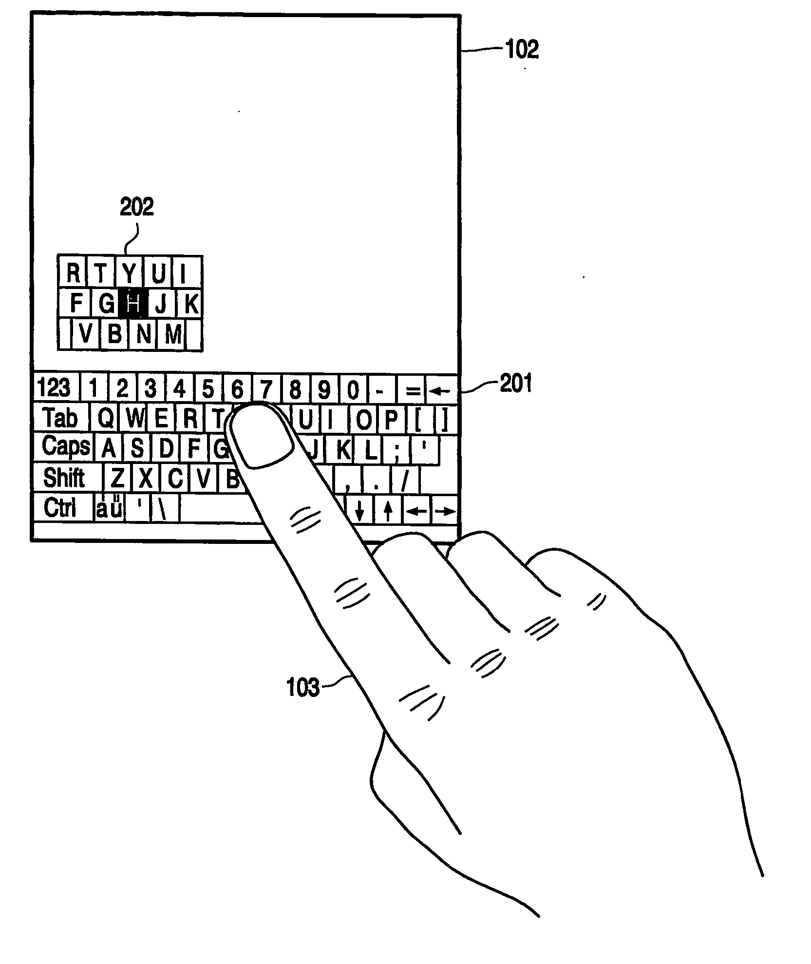 User interface with displaced representation of touch area