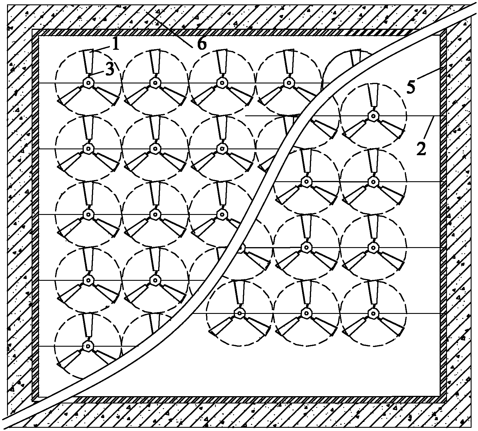 Flocculation reaction framed bent device equipped with flexibly-connected impellers