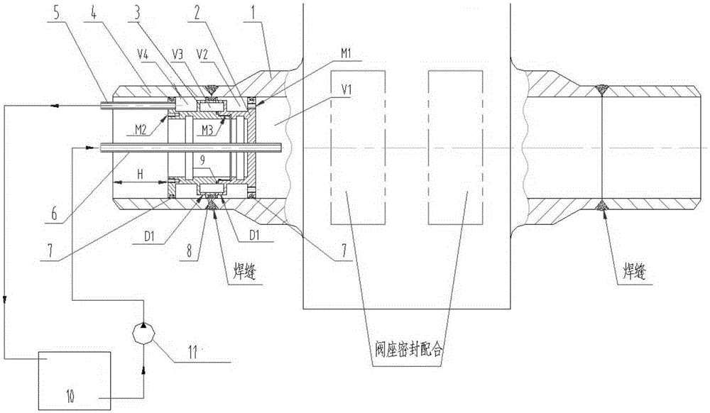 Cooling device welded between subsea valve and transition pipe