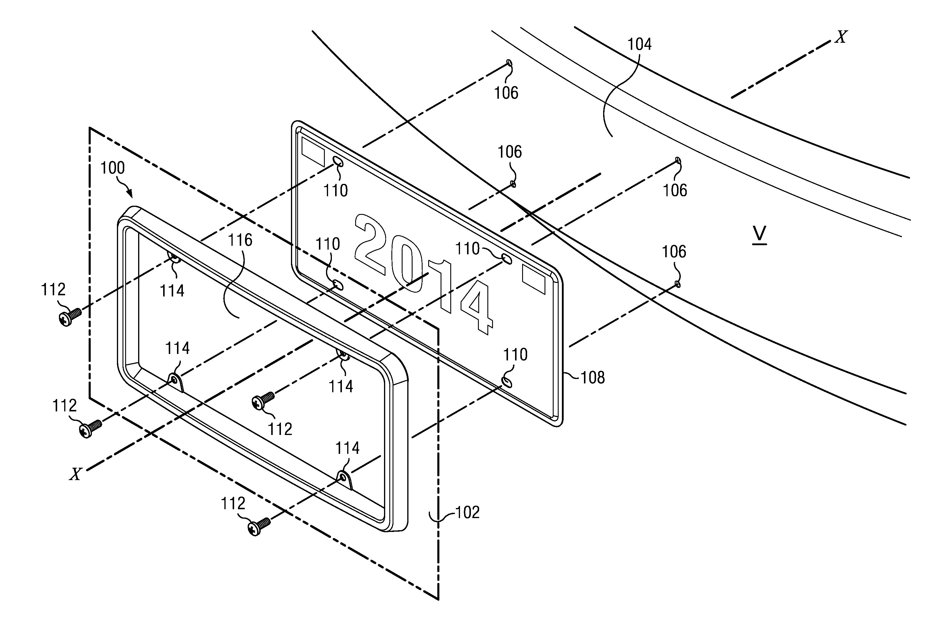 Overmolded vehicle license plate frame and bumper assembly