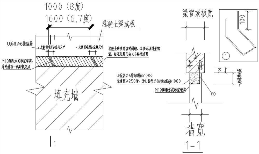 Embedded steel bar anchoring method for tying wall top of infilled wall and beam or plate