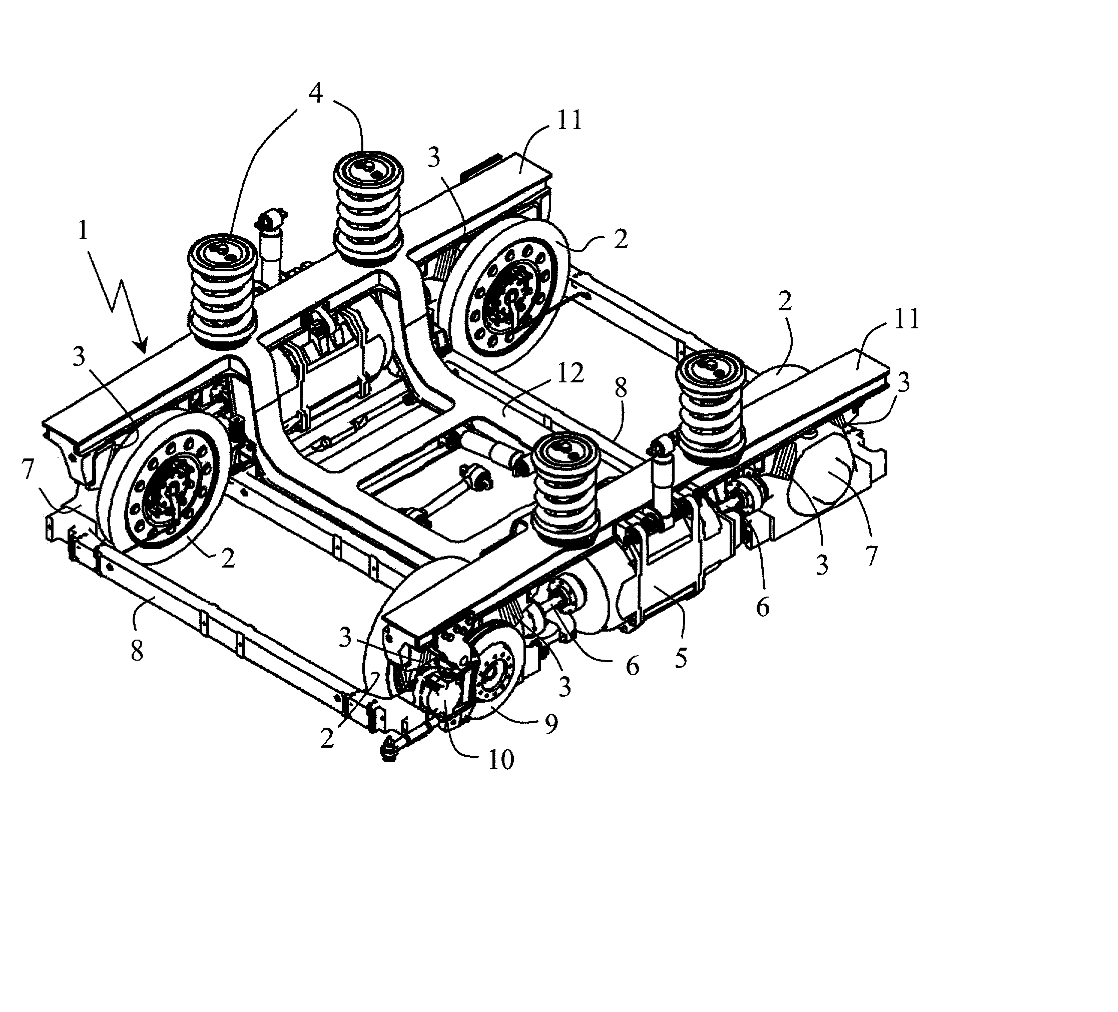 Motor bogie for a vehicle having an integral low-slung floor