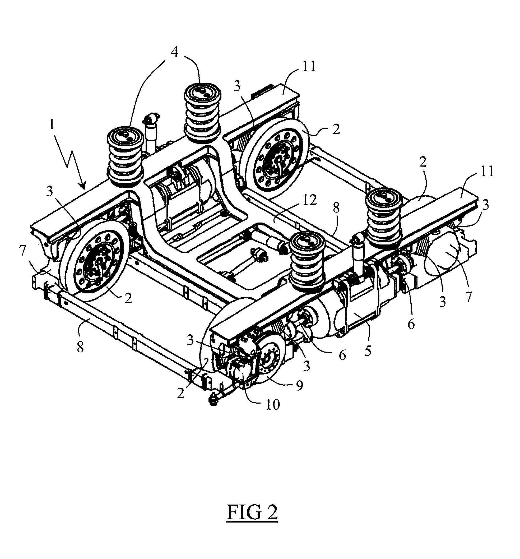 Motor bogie for a vehicle having an integral low-slung floor