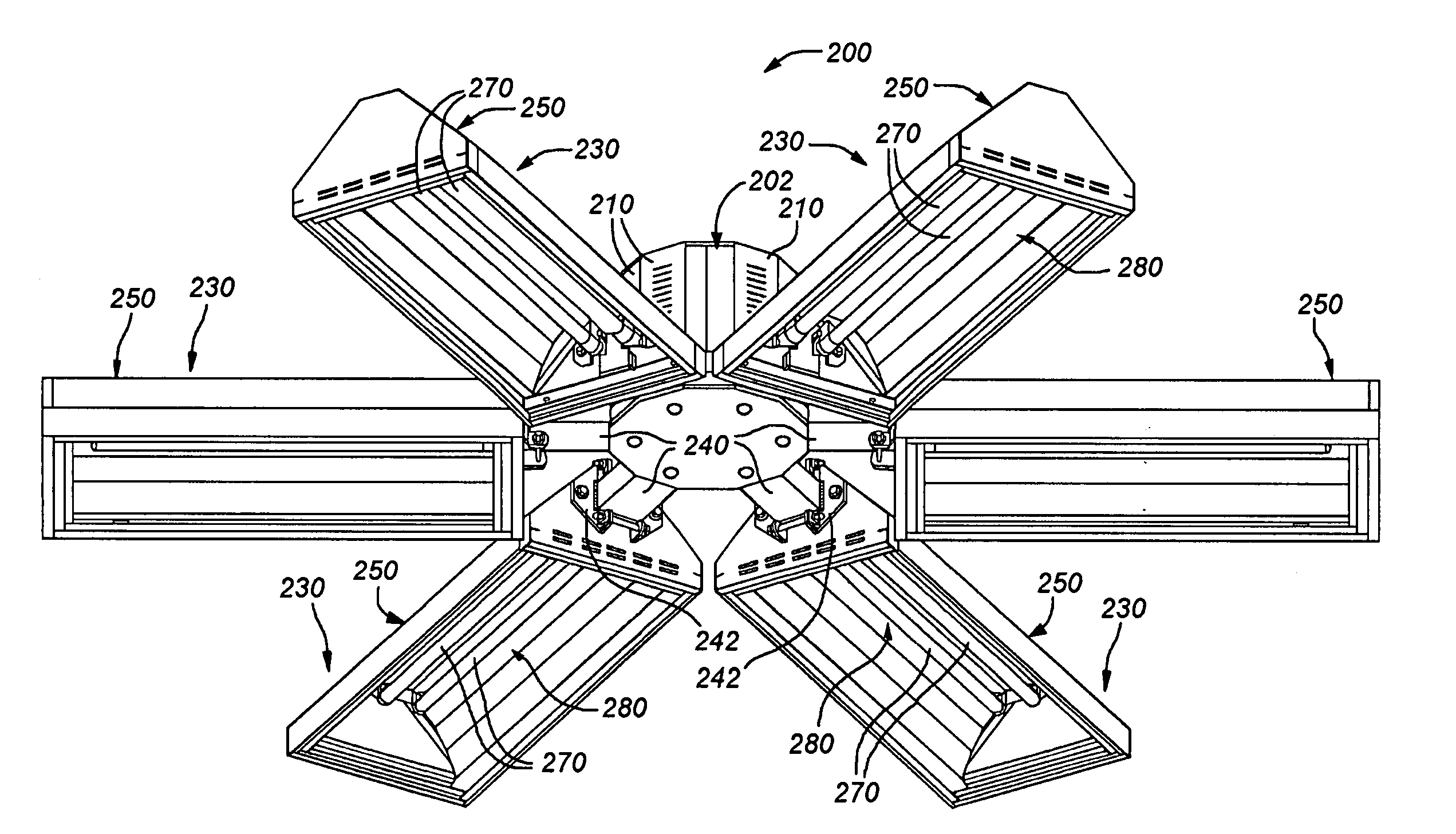 Multi-arm adjustable fluorescent lighting fixture