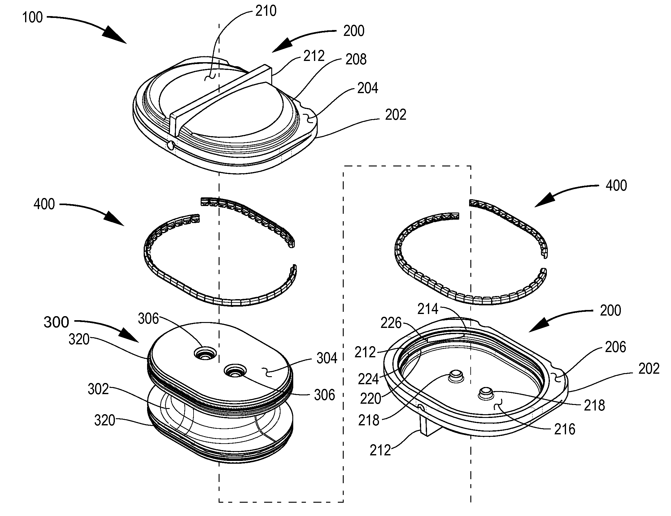 Orthopedic device assembly with elements coupled by a retaining structure