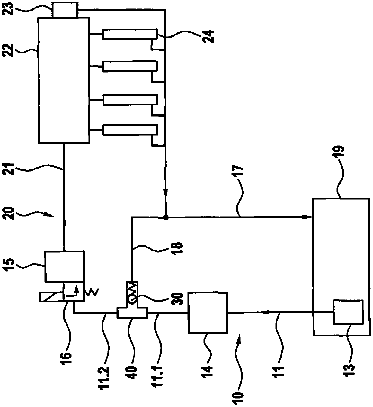 Low-pressure circuit of the fuel supply device of the fuel injection system