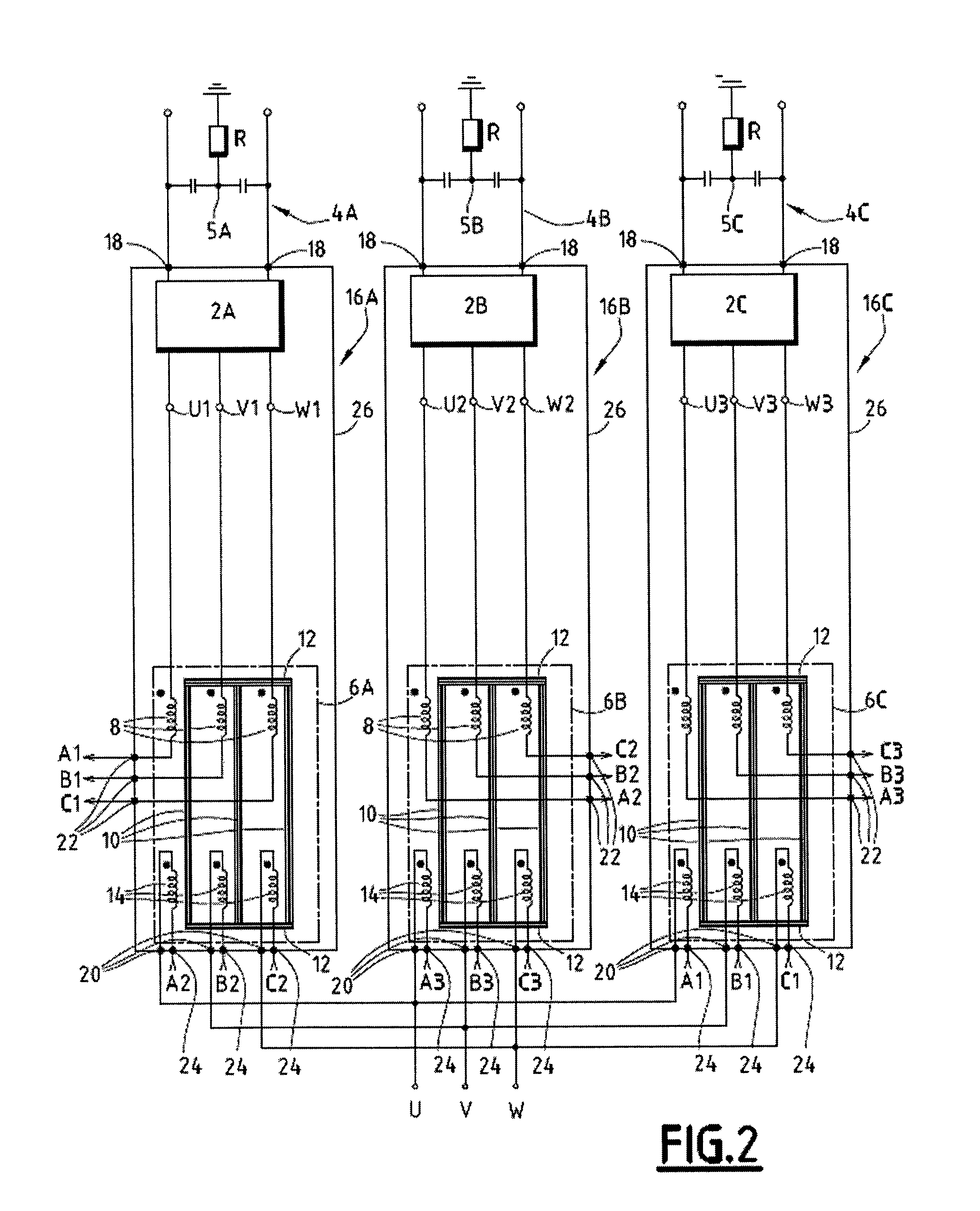 System for converting at least one electrical input direct current into an electrical polyphase output alternating current