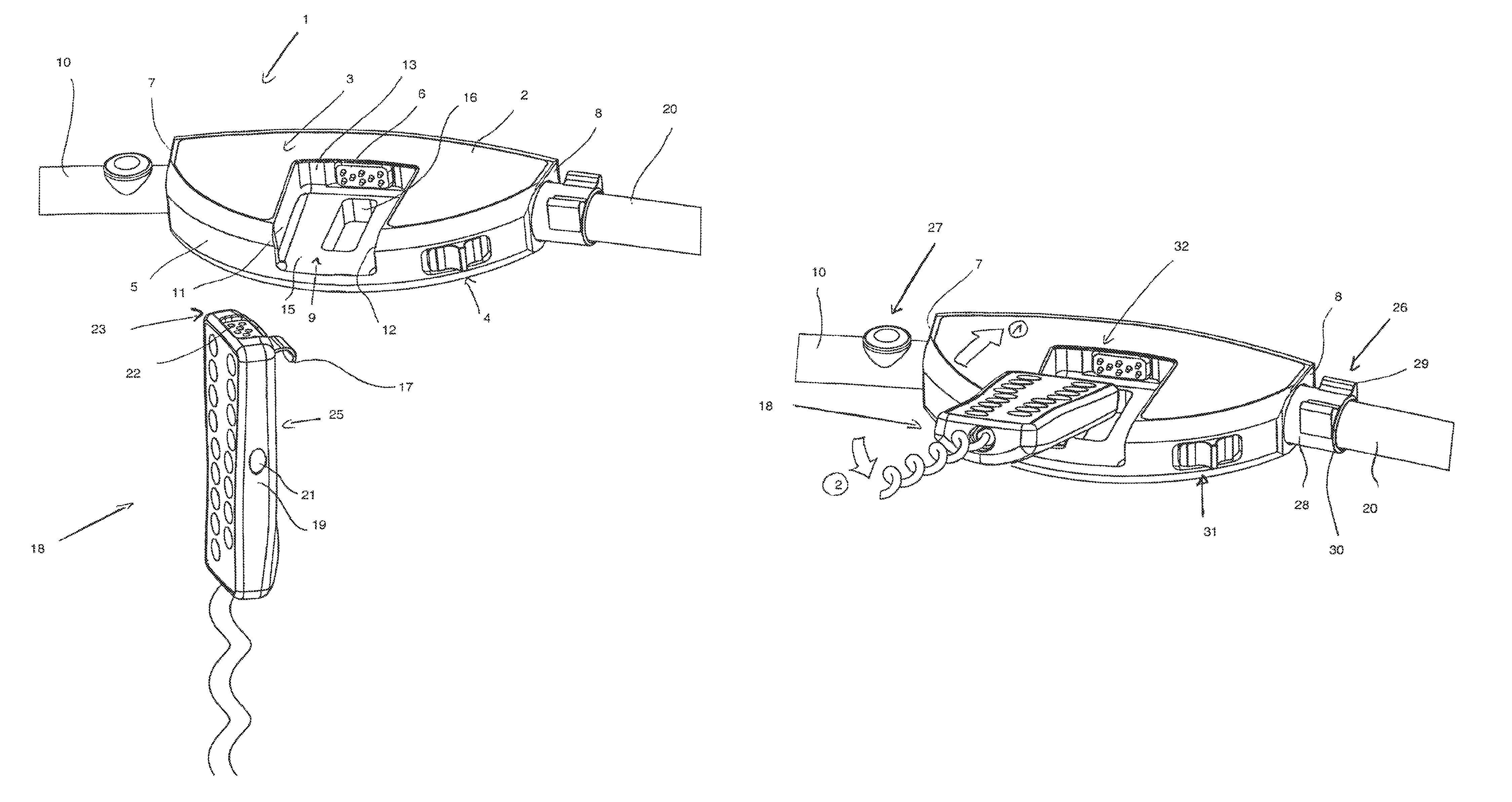 Guide device for a motorized table comprising a unit that groups the table controls together