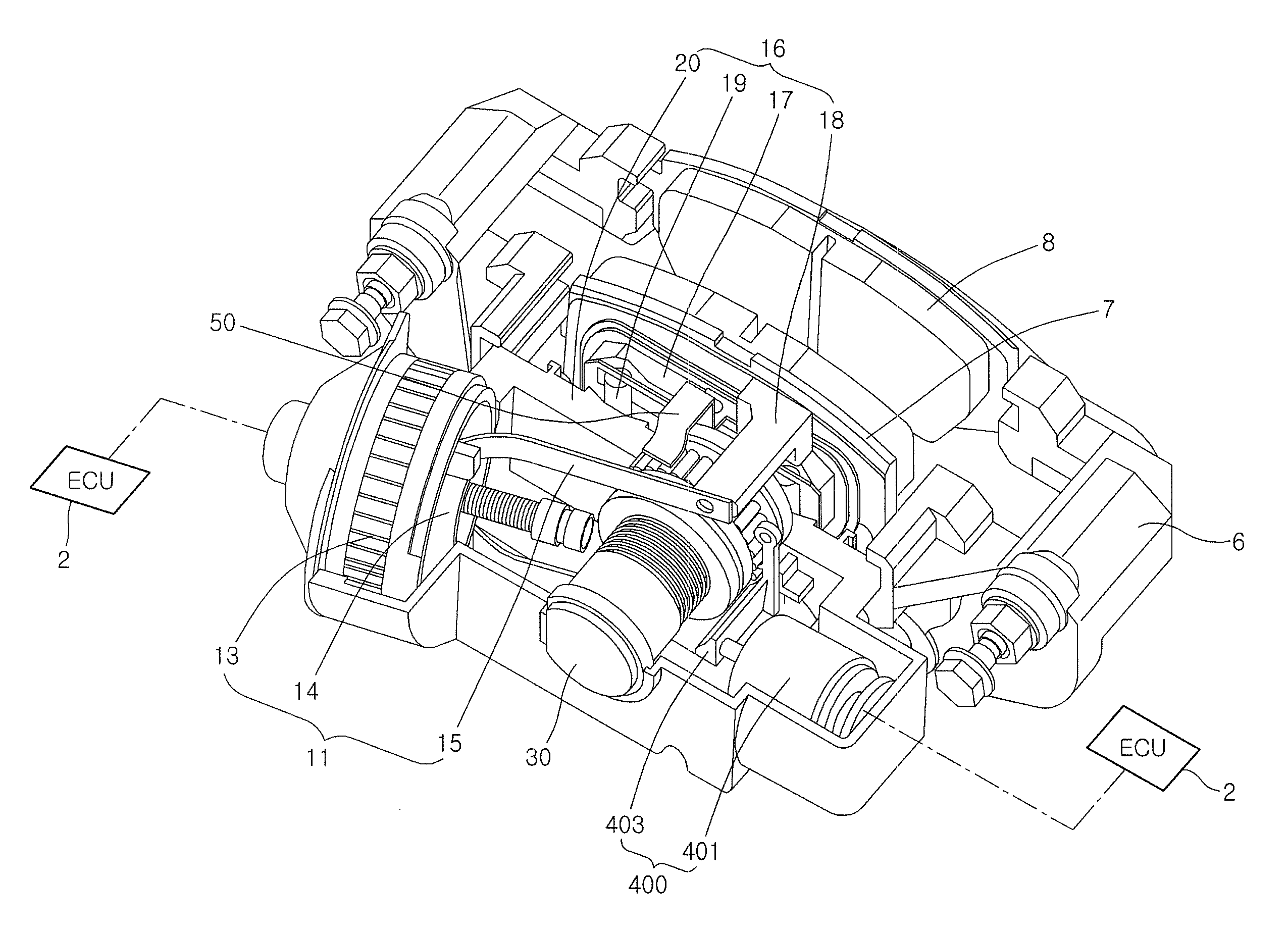 Single motor electro wedge brake system using solenoid mechanism for implementing additional functions