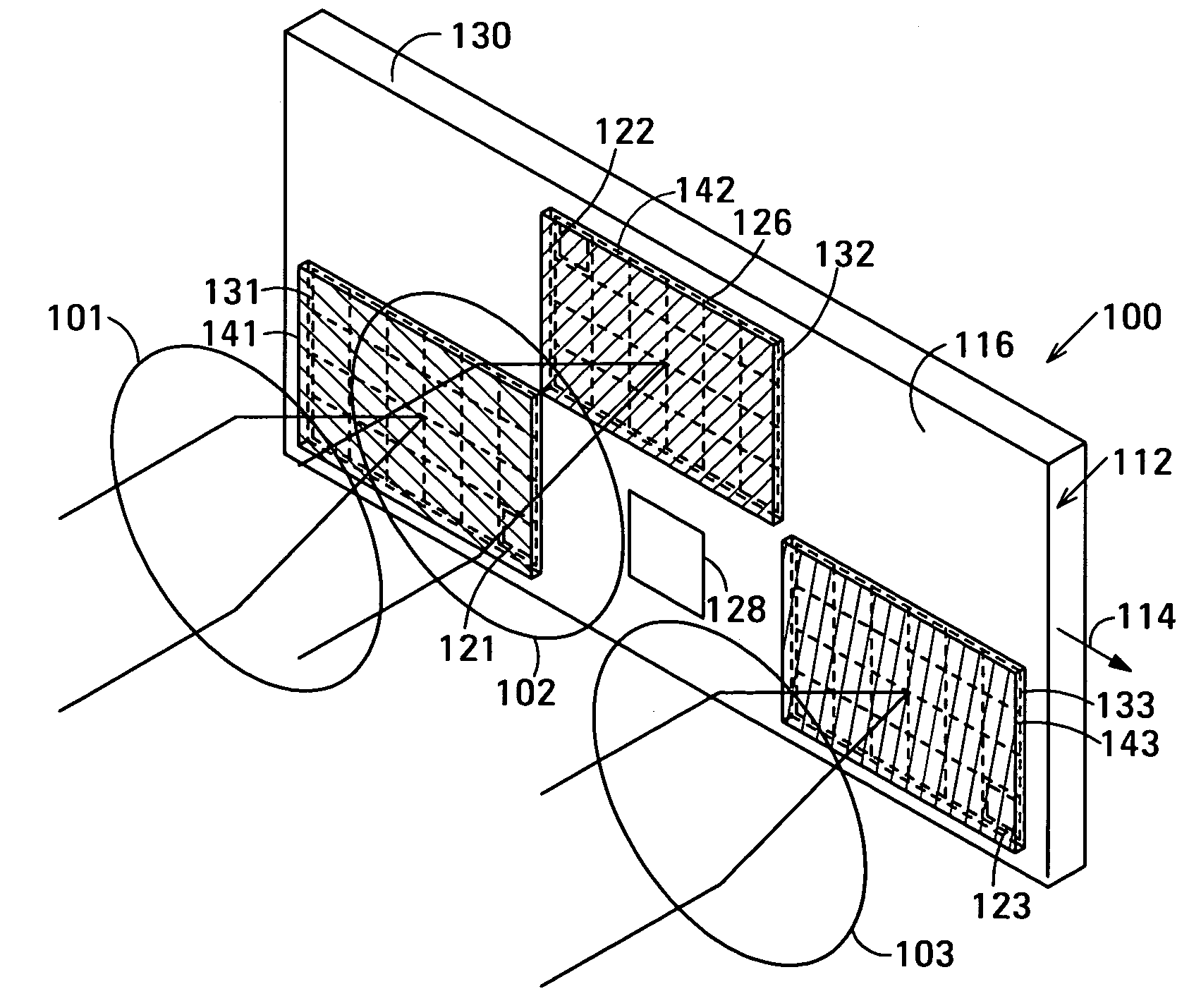 Color image sensor with imaging elements imaging on respective regions of sensor elements