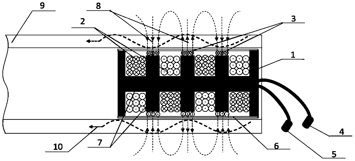 Electromagnetic ultrasonic longitudinal guided wave probe of an interpolation type full-coil structure and nondestructive testing method