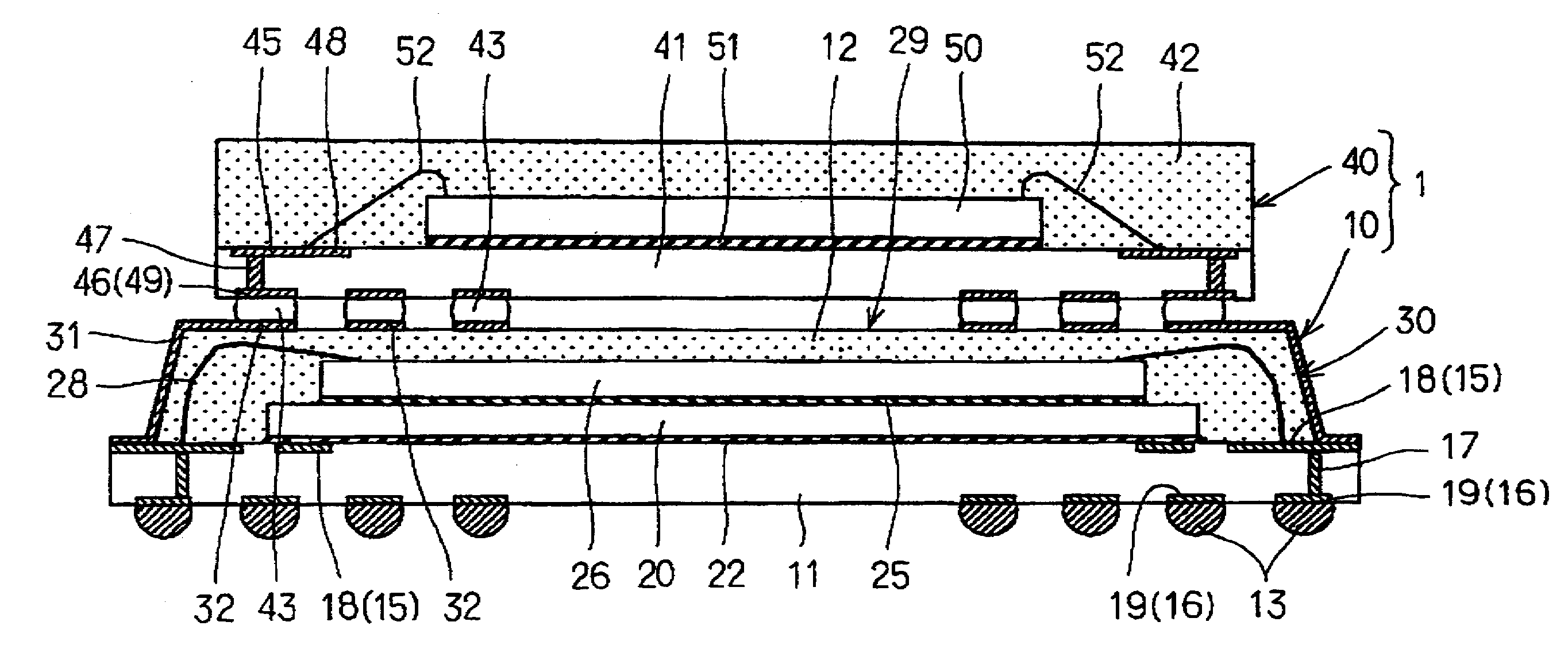 Stacked semiconductor device and fabrication method for same