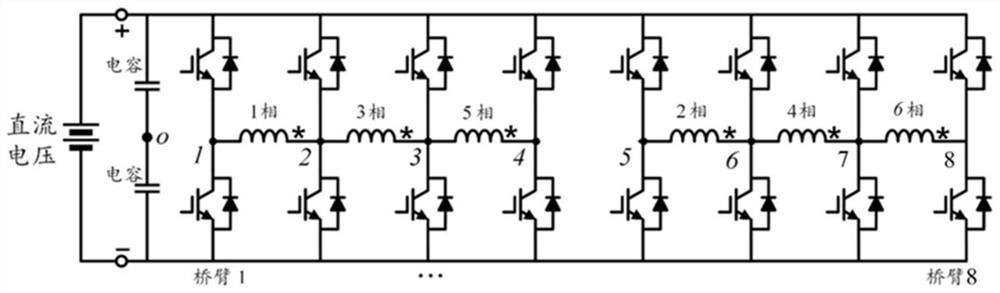 Six-phase seven-bridge-arm series winding circuit topology with reverse winding and modulation method of six-phase seven-bridge-arm series winding circuit topology