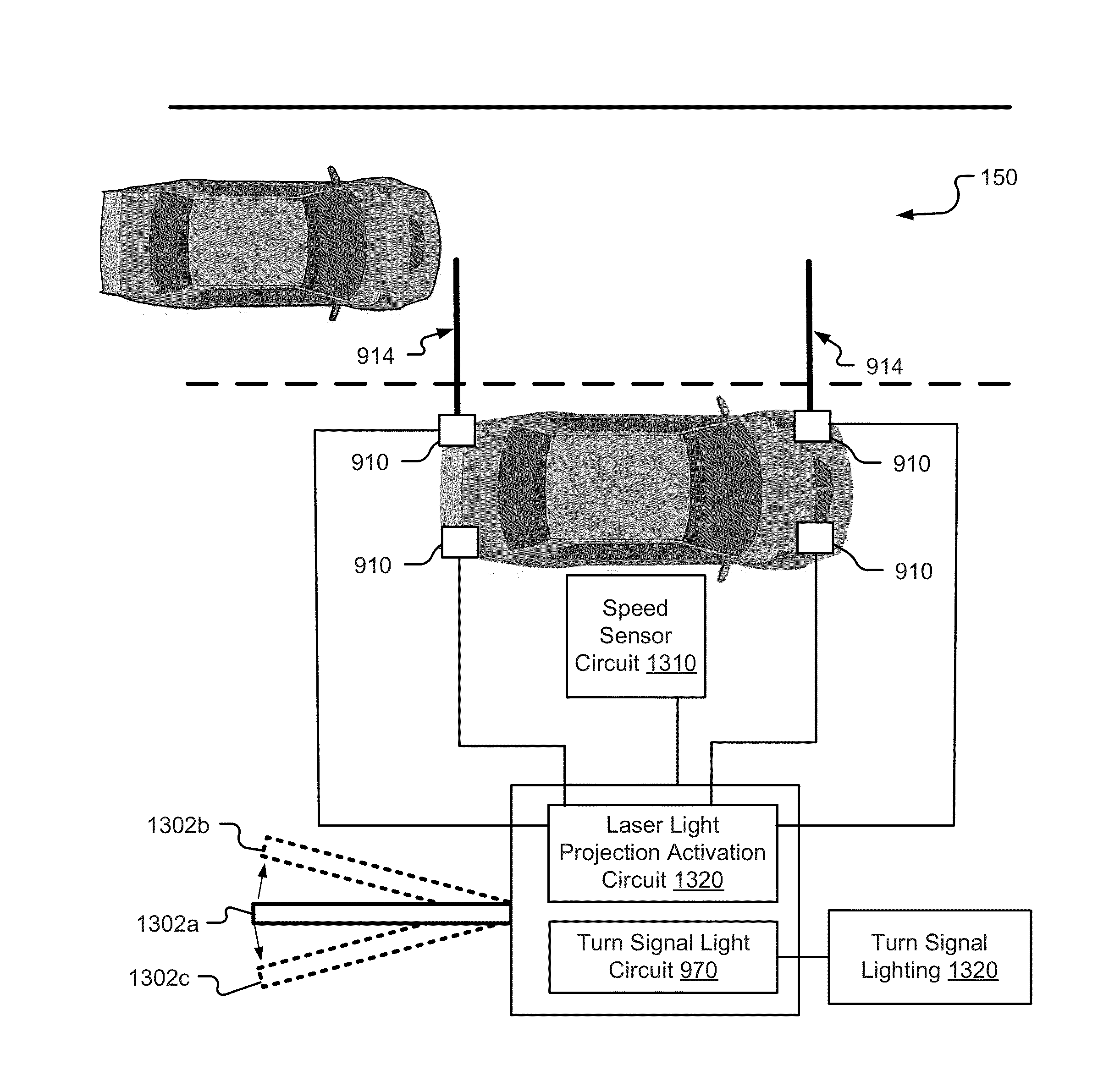 Vehicle turn signalling apparatuses with laser devices, light projection circuits, and related electromechanical actuators