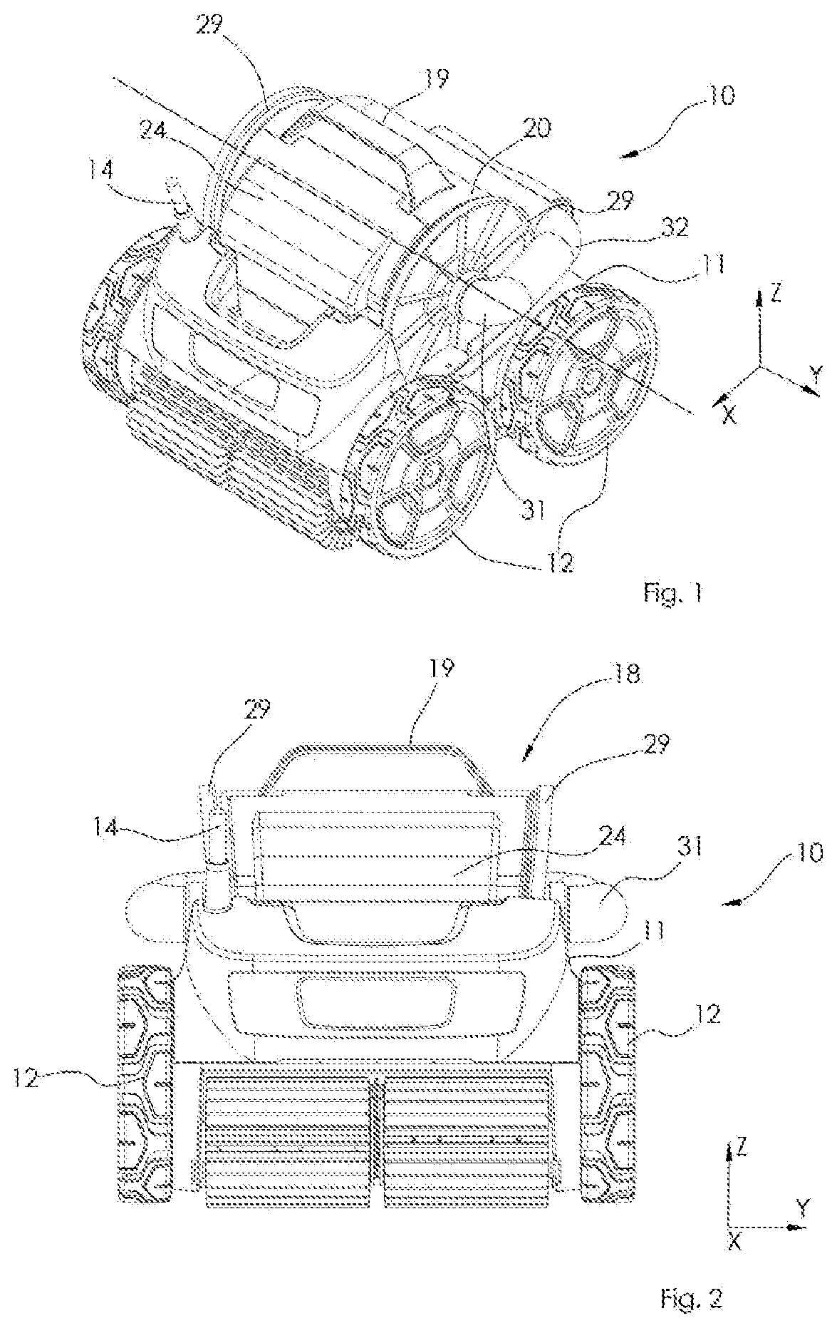 Swimming pool cleaning apparatus having a debris separation device operating by centrifugal spinning and filtration