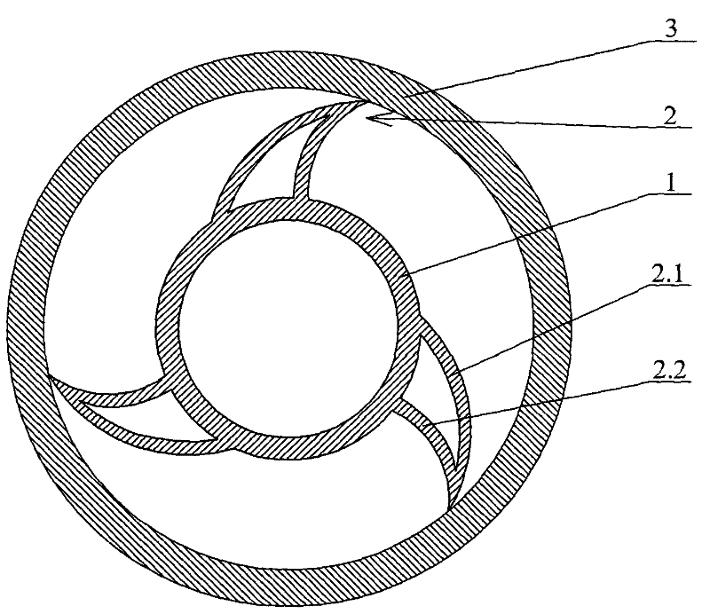 Rotary flexible shaft supporting tube with support blades having inclined triangular-arc sections