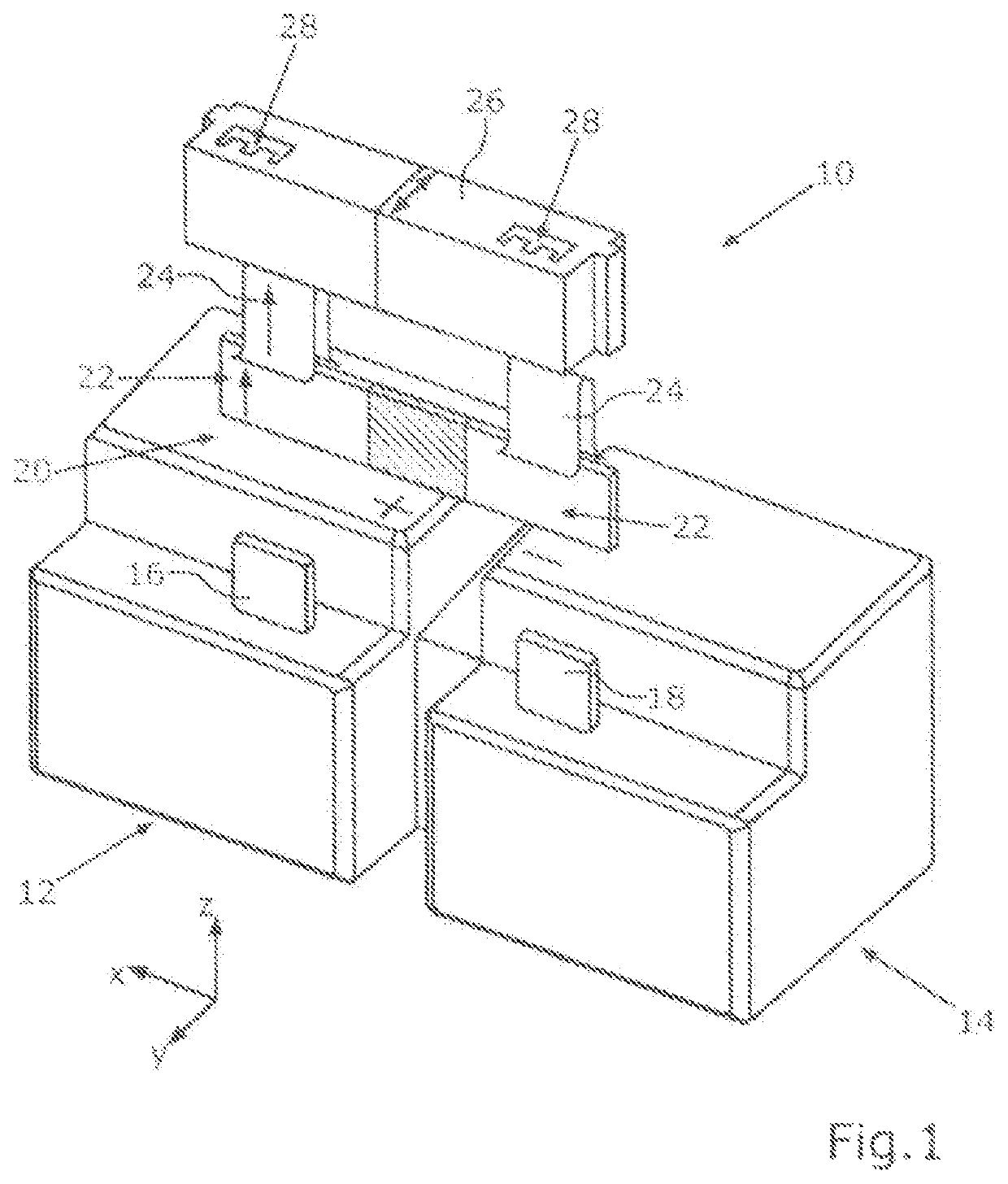 Pluggable module connector and method for electrically conductively connecting at least two battery modules