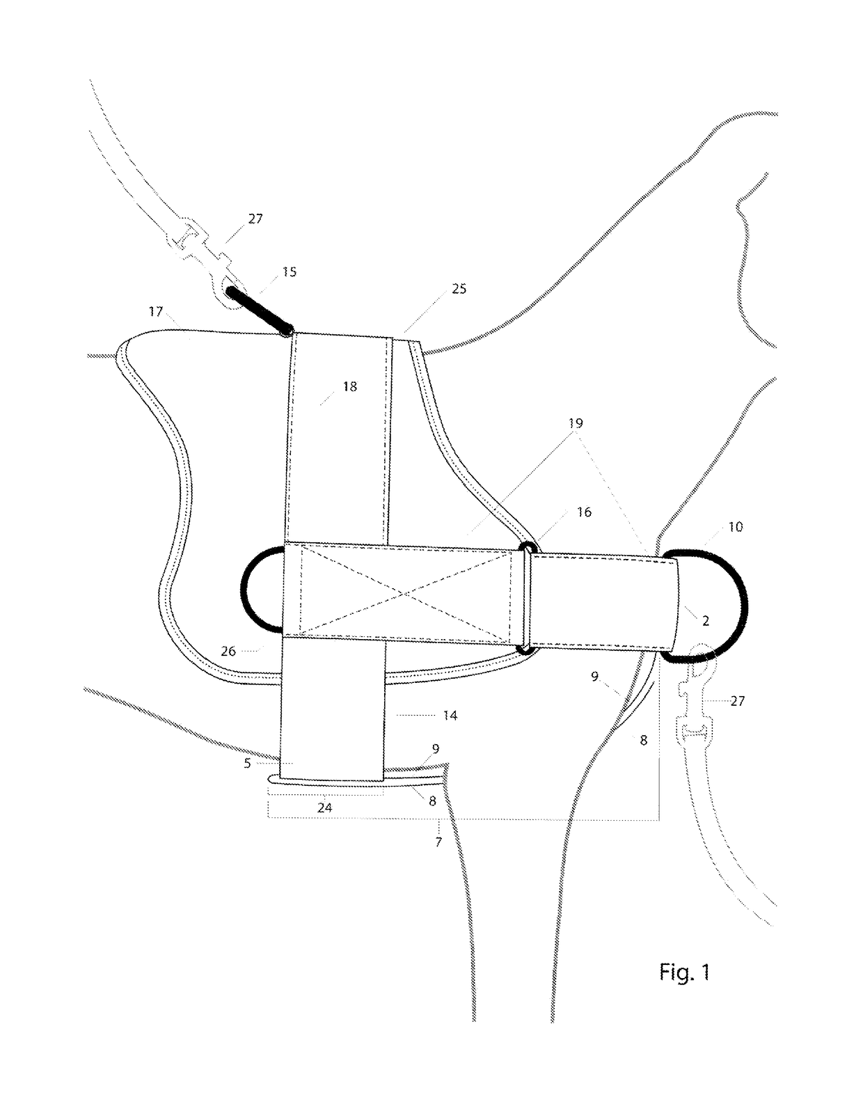 Pressure distribution element holding a ring for chest harnesses