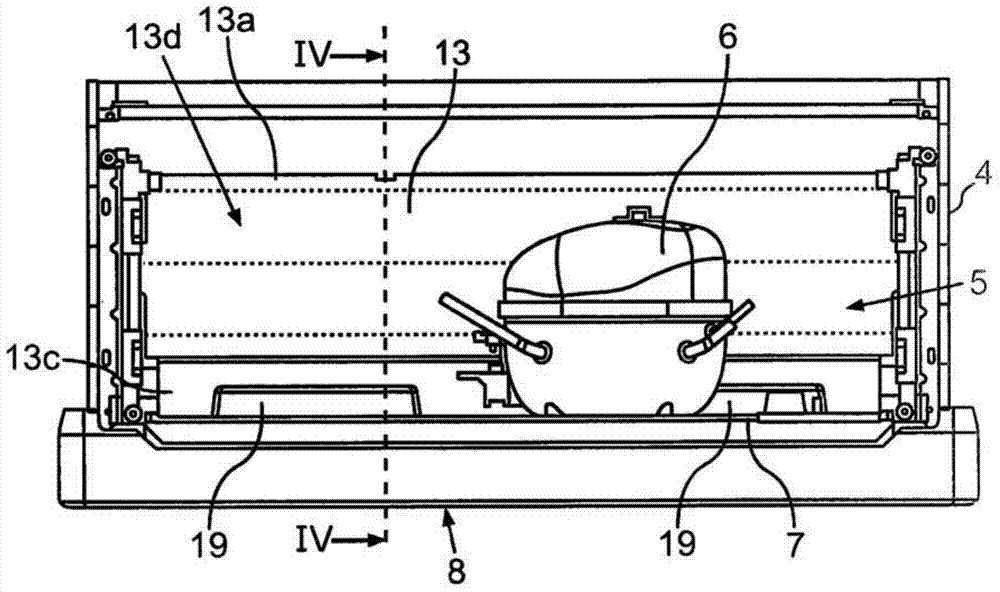 Domestic refrigerator having inclined wall section for delimiting a motor area and assembly with such a domestic refrigerator and a packaging device