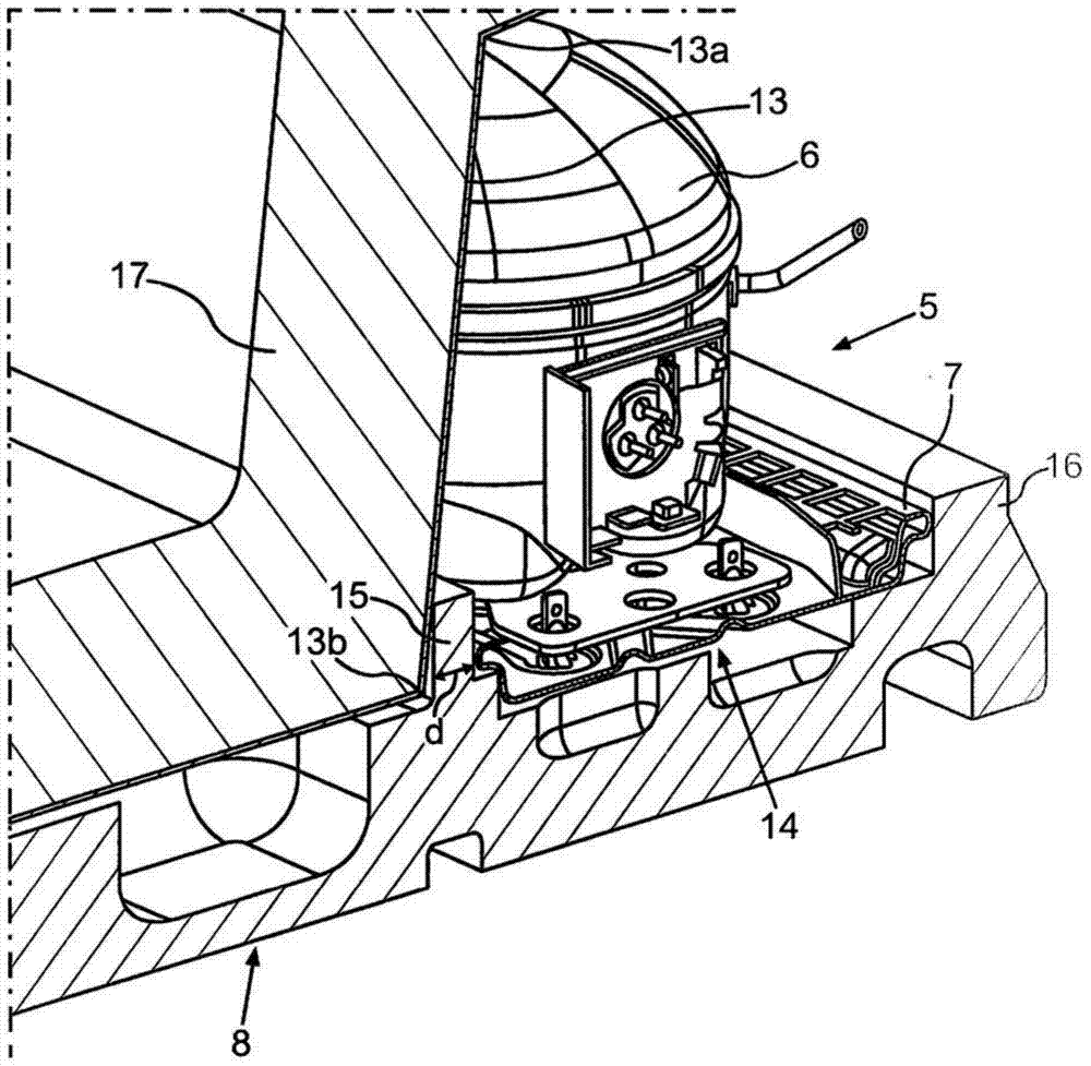 Domestic refrigerator having inclined wall section for delimiting a motor area and assembly with such a domestic refrigerator and a packaging device